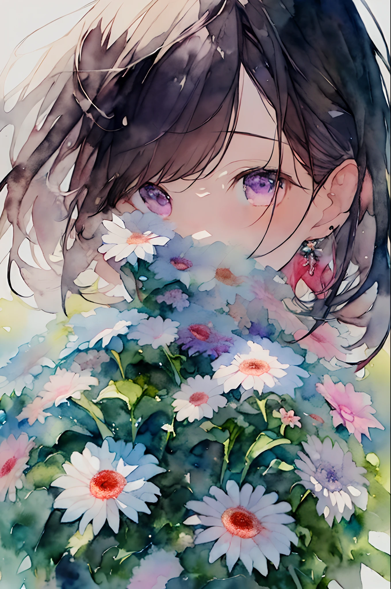 (watercolor paiting:1.2),1girl in, 独奏, florals, gerbera,hitornfreckles, portraitures, fronds, bangss, signed, Purple flowers, brown haired, length hair, verd s eyes, hair between eye, Flower earrings、natta、Moon Night、mystical