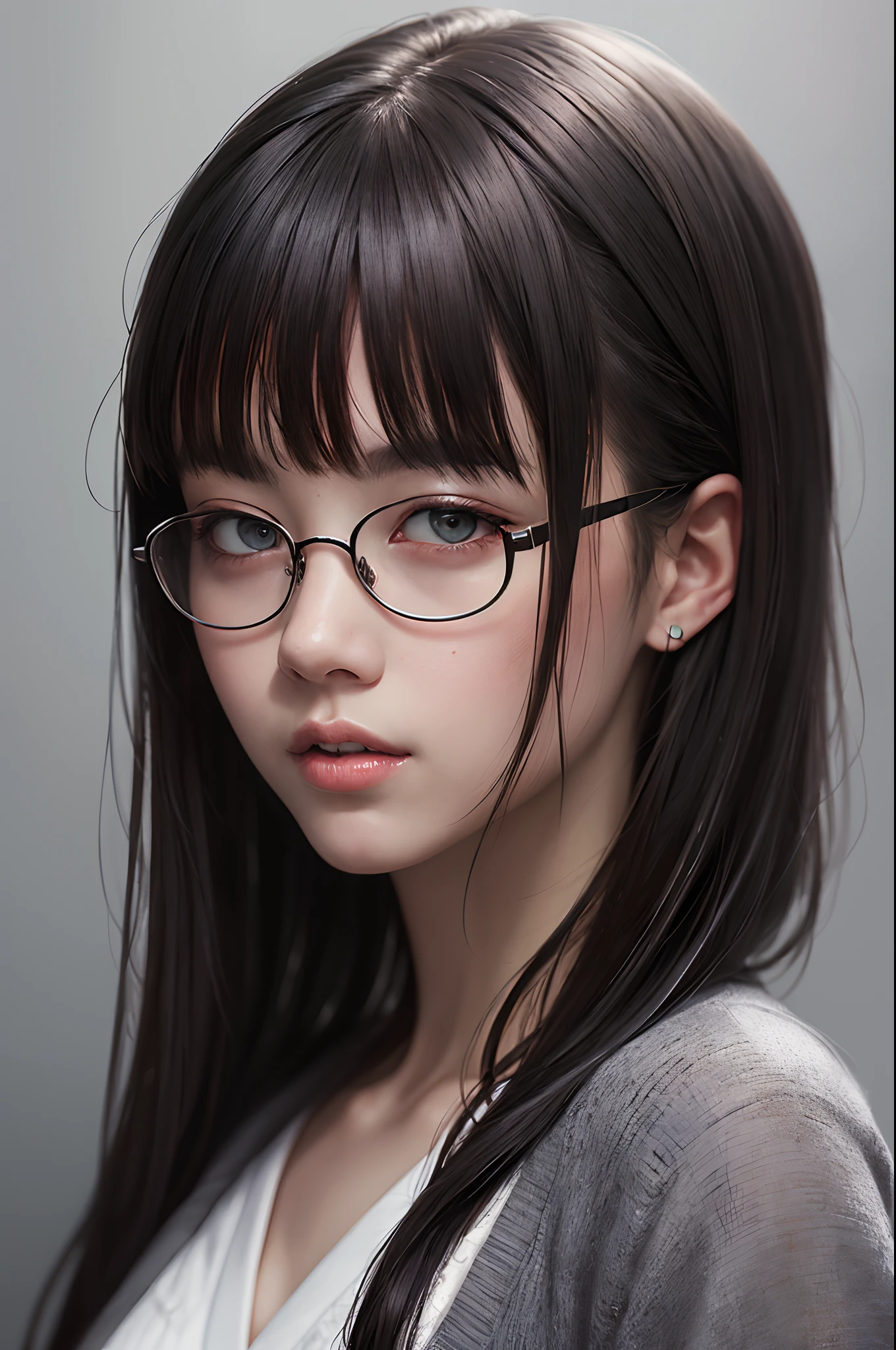 masterpiece, realistic, realism, photorealism, high contrast, photorealistic digital art trending on Artstation 8k HD high definition detailed realistic, 1girl, Japanese young woman, student, eyeglasses, solo, grey eyes, school japanese uniform clothe, long hair with bangs, black hair, lips, simple, half shot, black background, parted lips,art by artgerm and ruan jia and greg rutkowski surreal painting,detailed, skin texture, hyper-detailed, realistic skin texture,