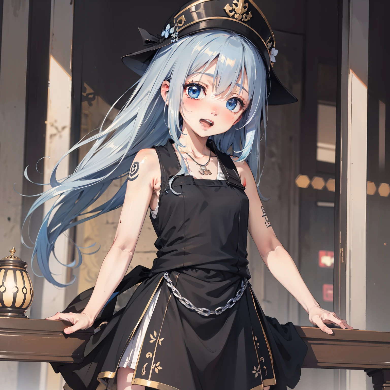 Masterpiece, Best quality, High quality, Very detailed CG uniform 8k wallpaper, 1girll, Solo, ,Loli,Blue hair, tattoo, (Short white hair 1.2), Hat, jewelry, Smile, necklace, Looking at the audience, Hat, Realistic, Open mouth, teeth, Upper body, vest, nase, Bare shoulders, Artist name, Black tiara, 鎖骨, arm tattoos, Blue eyes, Lips, bblurry, Oil painting, award winning photography, Bokeh, Depth of field, hdr, full bloom, color difference, Realism, Very detailed, Art Station is intricate, High detail, Dramatic, art by midjourney
