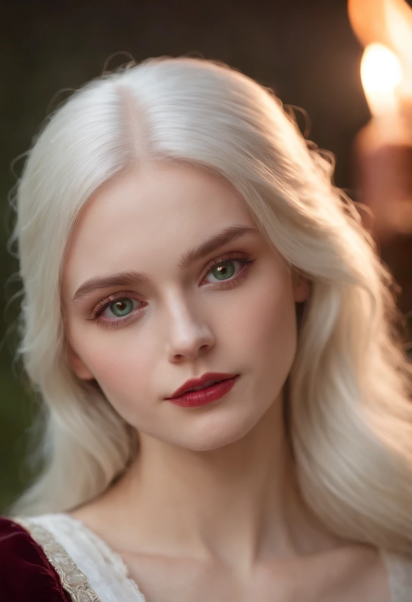 (((a deep reddish wound crosses her left cheek))) fair complexion, woman around 19 years old, natural white hair, distinctive green eyes, wearing kohl, slender and graceful, beautiful, candlelight in a medieval setting, ultra sharp focus, realistic shot, medieval female clothes, tetradic colors (scar:1.4)