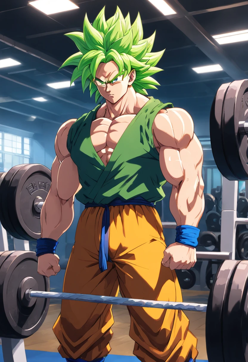 Broly Super Saiyajin, masculino, Dragon ball z, Working out hard in a bodybuilding gym, Triceps exercises, focus on triceps, defined and detailed muscles, expression serious
