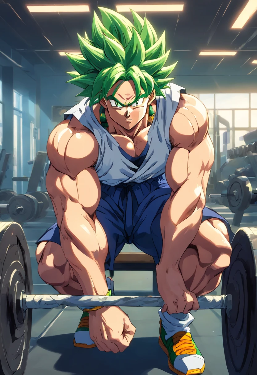 Broly Super Saiyajin, masculino, Dragon Ball Z, Working out hard in a bodybuilding gym, defined and detailed muscles, expression serious