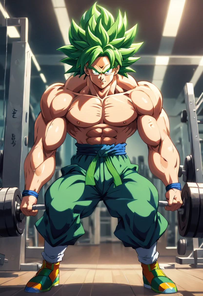 Broly Super Saiyajin, masculino, Dragon ball z, Working out hard in a bodybuilding gym, defined and detailed muscles, expression serious