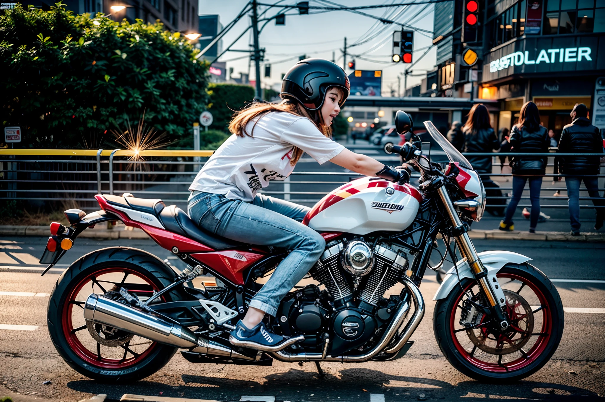 (Best Quality), Masterpiece, Ultra-high-resolution photos,1 Cute Girl, Big motorcycle ride, a white T-shirt, Ripped jeans, White sneakers, Motorcycles driving through the city at high speed (Speeding), (slow motion: 1.3), (motion blur: 1.5), (Speed Line: 1.4), sense of speed,