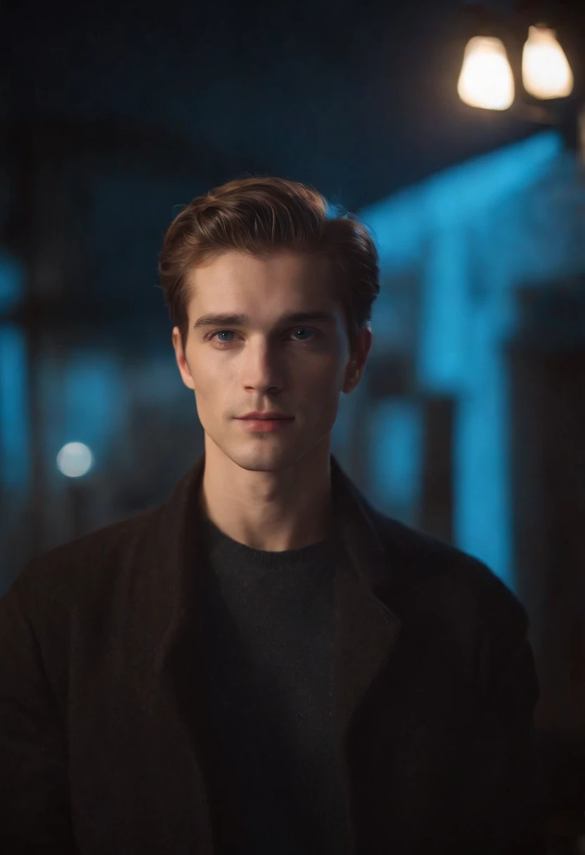 The handsome man's face loomed in a flashing blue light, His eyes are white, His hair looked as if it had just been washed and blow-dried, His eyes looked gloomily into the camera，The whole picture is like a blurry mirror，His silhouette has a lot of ghosting