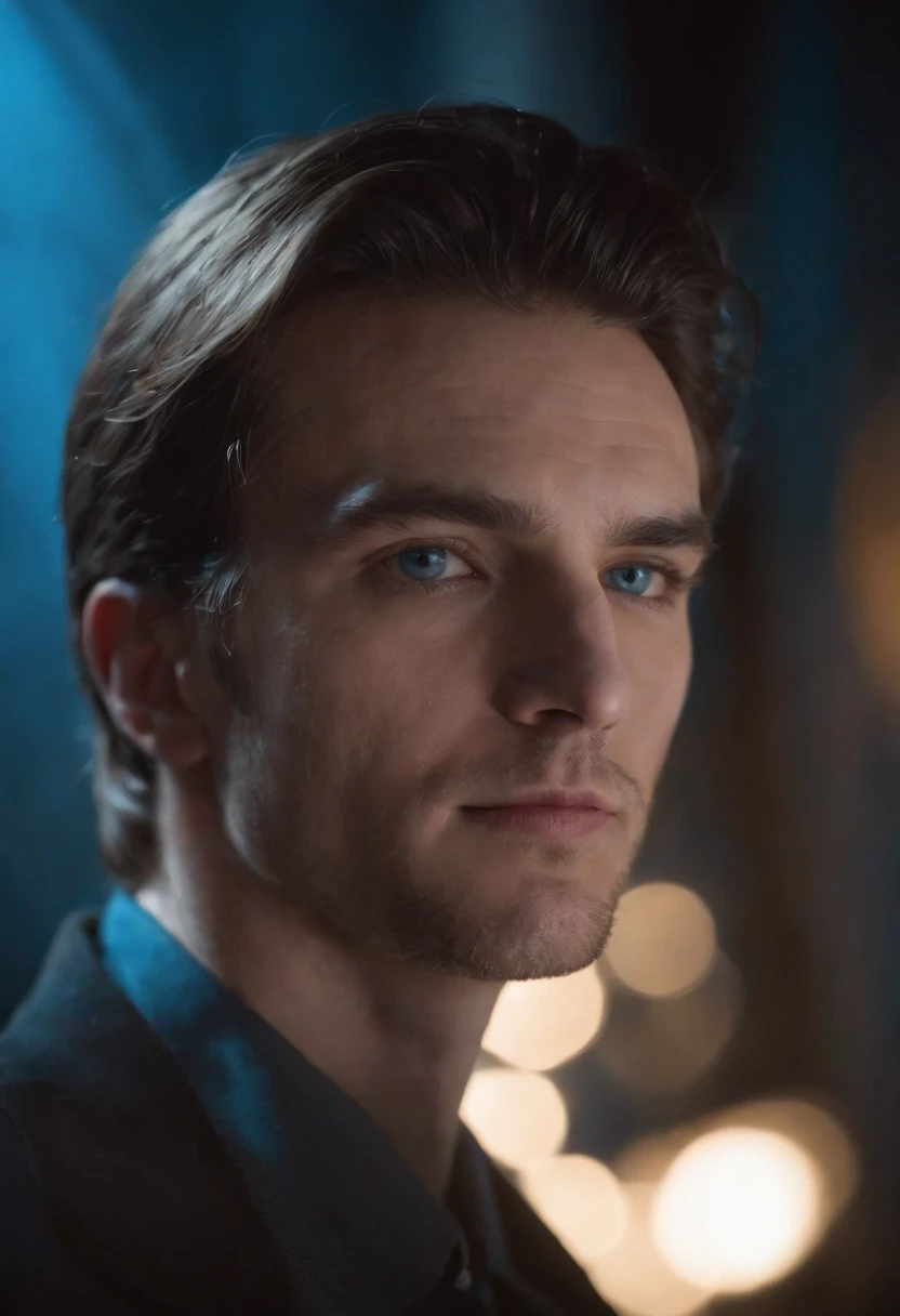 The handsome man's face loomed in a flashing blue light, His eyes are white, His hair looked as if it had just been washed and blow-dried, His eyes looked gloomily into the camera，The whole picture is like a blurry mirror，His silhouette has a lot of ghosting