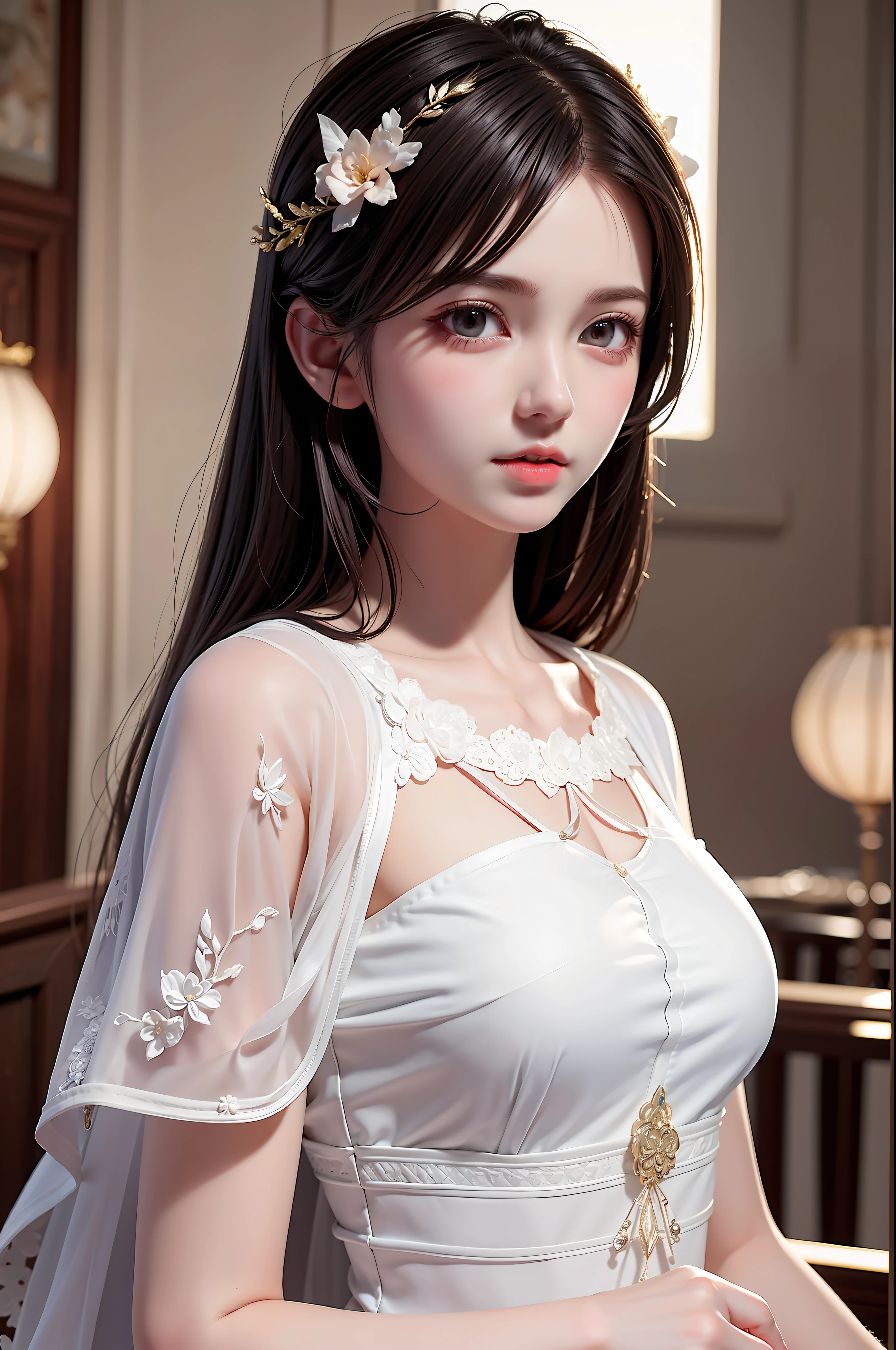 1 girl, downblouse, , munechira,(((small breasts))), looking away,signing at reception,bending over, birds-eye view shot , Upper body, necklace ,in at wedding reception,long sleeves dress, besides decolated detailed bra within,long skirt, short hair