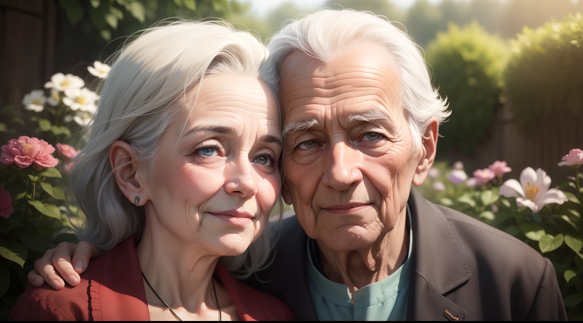 (best quality,4k,8k,highres,masterpiece:1.2),(realistic,photorealistic,photo-realistic:1.37),old man in a garden,old woman in a garden,elderly couple in a garden,beautiful detailed eyes,beautiful detailed lips,wrinkles,gray hair,wise and serene expressions,loving gaze,soft sunlight,peaceful atmosphere,flowers blooming,colorful flora,greenery,subtle breeze,vivid colors,long eyelashes,wrinkles around the eyes,soft skin texture,age spots,neutral background,calm surroundings,authenticity,realism,happiness,love,harmony,portrait,happy elderly couple in a garden