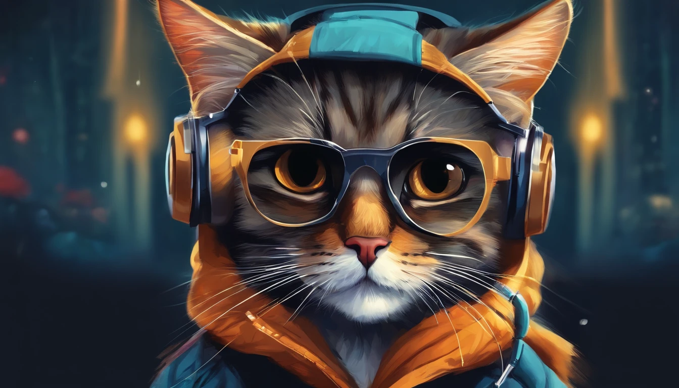 a cute little cat, Wear a student jacket, Wearing sunglasses, Wearing headphones, Standing position, Abstract beauty, Centered, Looking at the camera, Facing the camera, nearing perfection, Dynamic, Moonlight, Highly detailed, Digital painting, art stations, concept-art, smooth, Sharp focus, 8K, high definition resolution, illustration, Art by Carne Griffiths and Wadim Kashin,