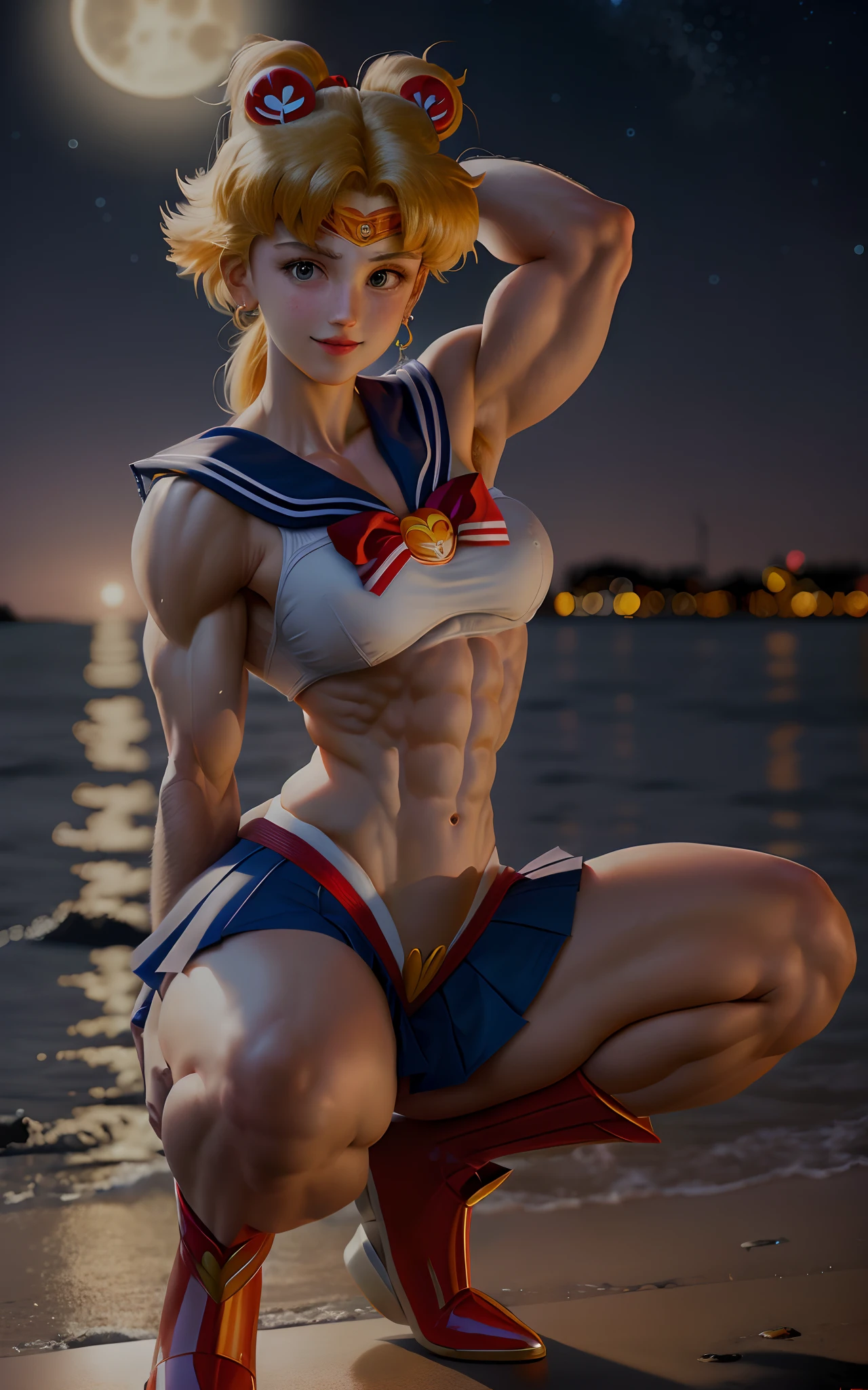 Dark Background, Seaside, night sky, super blue moon, (((Sailor Moon))), Tsukino Usagi, Pose to show armpits by raising both hands, Gentle and pretty face, smile, (a blond, Twin-tailed hair), naked arms, arms behind head, ((a sailor suit, a miniskirt)), ((full-length portrait)), (Female Bodybuilder), navel, (surprisingly muscular body), (red boots), large red ribbon on the chest, crouch down, Reallife Human, blonde hair, high school girl, squat, thick neck, huge neck muscles, (((Huge thighs)))