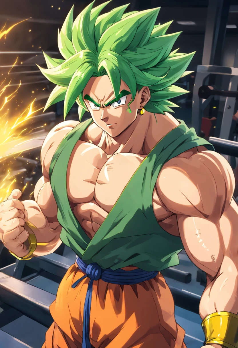 Broly Super Saiyajin, masculino, Dragon ball z, Working out hard in a bodybuilding gym, defined and detailed muscles, expression serious