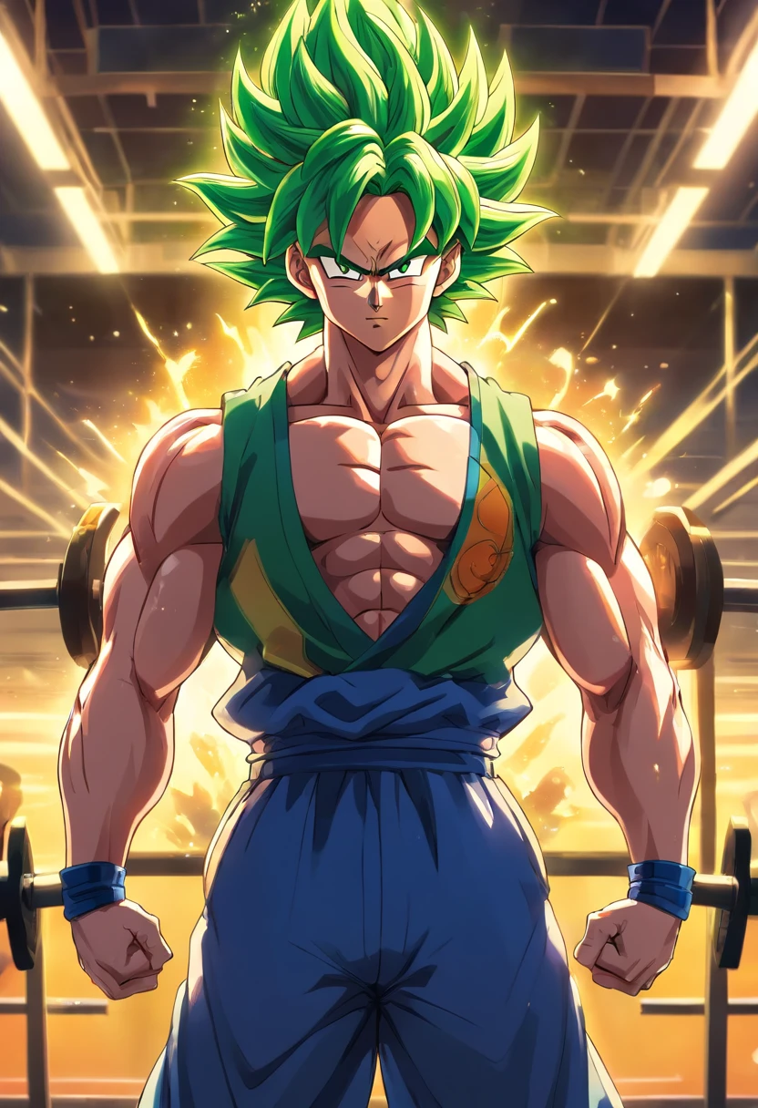 Broly Super Saiyajin, masculino, Dragon ball z, Working out hard in a bodybuilding gym, defined and detailed muscles, expression serious