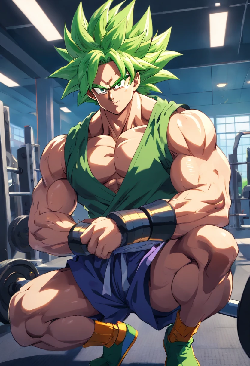 Broly Super Saiyajin, masculino, Dragon ball z, Working out hard in a bodybuilding gym, defined and detailed muscles, expression serious