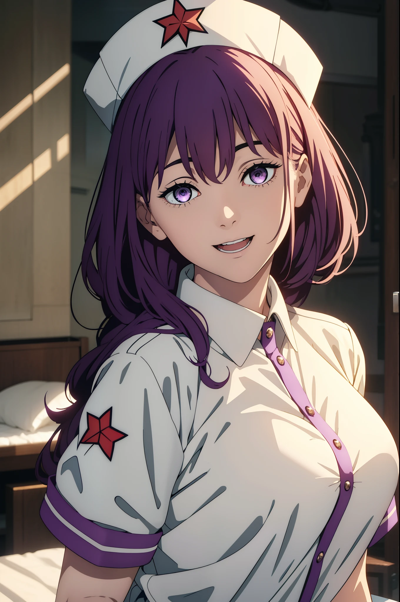 one-girl, nurses, (There is a five-pointed star in the eye), Gorgeous Hair in Long Purple, Smile, open mouth, room, White nurse clothes，White nurse hat, looki at viewer