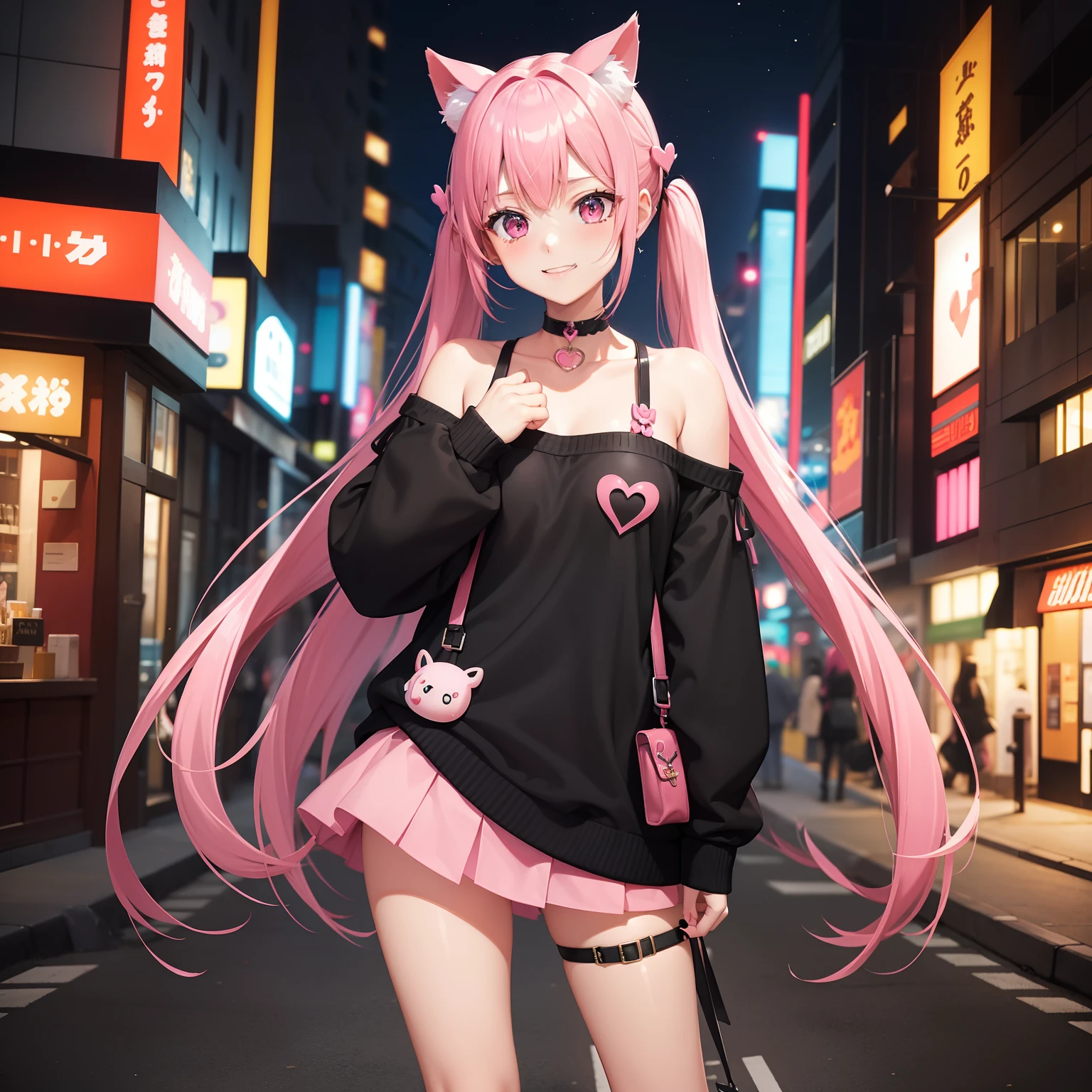 full body Esbian, masutepiece: 1.2, Highest Quality), (Live-action, elaborate details), (1 Lady, Solo, Upper body,) Clothing: Edgy, Black long jumper, pink miniskirt, long hair with pink twin tails,,,,,,,,,,、Avant-garde, Experimental appearance: Long pink twin tail hair 、Heart-shaped choker、The location: bustling city、Solo, Nice smile、Value Creation in Mixed Media Art: individuality, authenticity, Creative expression