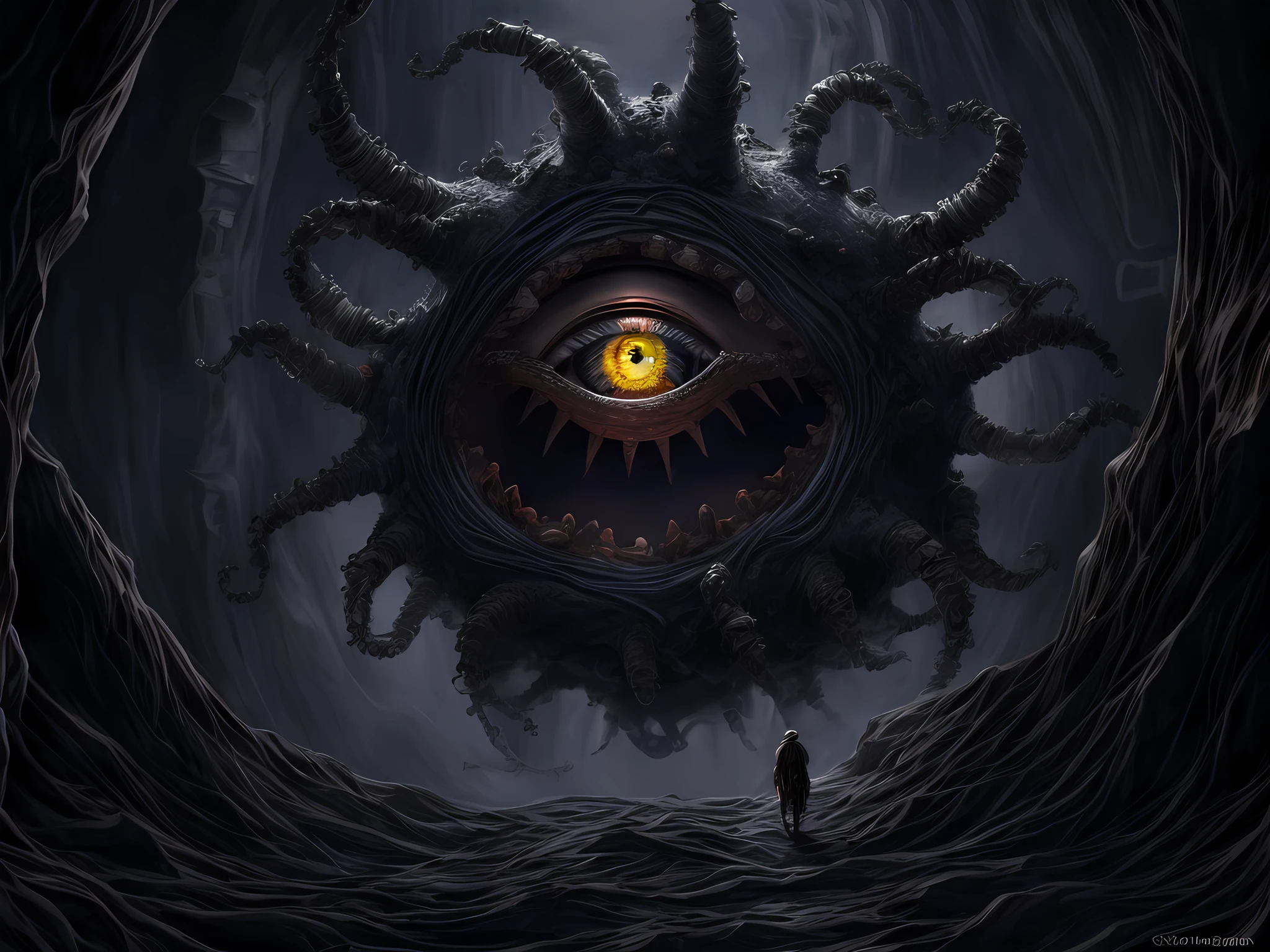 a picture of a dark beholder in a dark cave (best details, Masterpiece, best quality :1.5), an epic evil beholder (best details, Masterpiece, best quality :1.5) extremely detailed beholder, 7 different eyes in 6 different tendrils, dynamic eyes colors (best details, Masterpiece, best quality :1.5) , one central big yellow eye, detailed face, torch light (best details, Masterpiece, best quality :1.5), sense of dread, sense of awe majestic atmosphere, ultra best realistic, best details, best quality, 16k, [ultra detailed], masterpiece, best quality, (extremely detailed), ultra wide shot, photorealism, depth of field, hyper realistic painting,