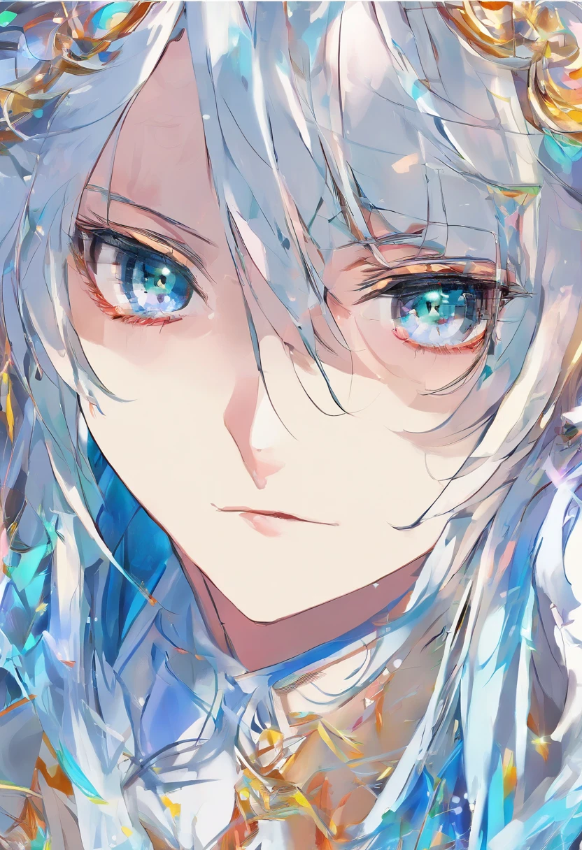 The face of the handsome long-haired man loomed in a flashing blue light, His eyes are white, His hair looked as if it had just been washed and blow-dried, His eyes looked gloomily into the camera,The whole picture is like a blurry mirror,His silhouette has a lot of ghosting