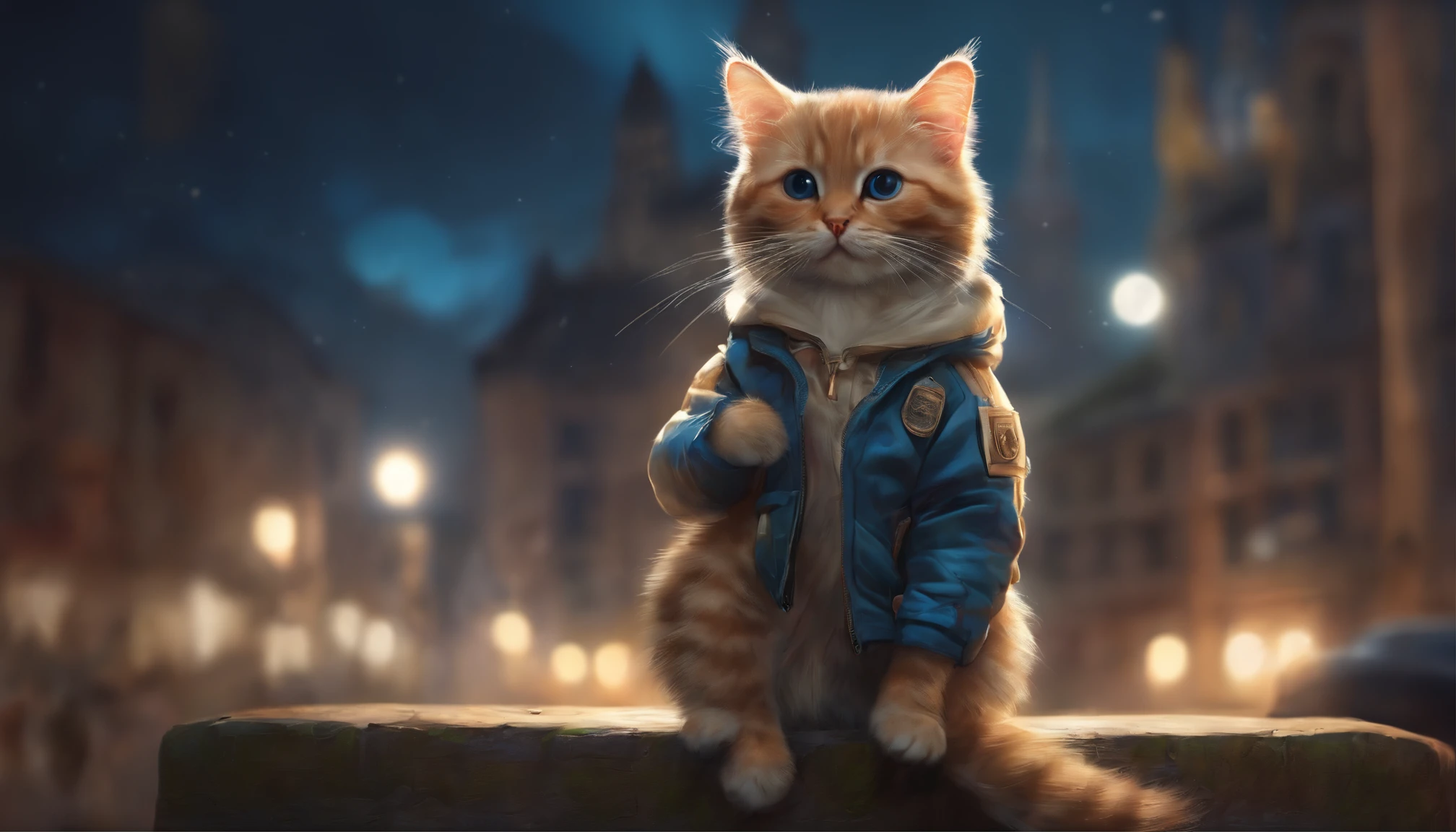 a cute little cat, Wear a student jacket, Wearing sunglasses, Wearing headphones, Standing position, Abstract beauty, Centered, Looking at the camera, Facing the camera, nearing perfection, Dynamic, Moonlight, Highly detailed, Digital painting, art  stations, concept-art, smooth, Sharp focus, 8K, high definition resolution, illustration, Art by Carne Griffiths and Wadim Kashin,