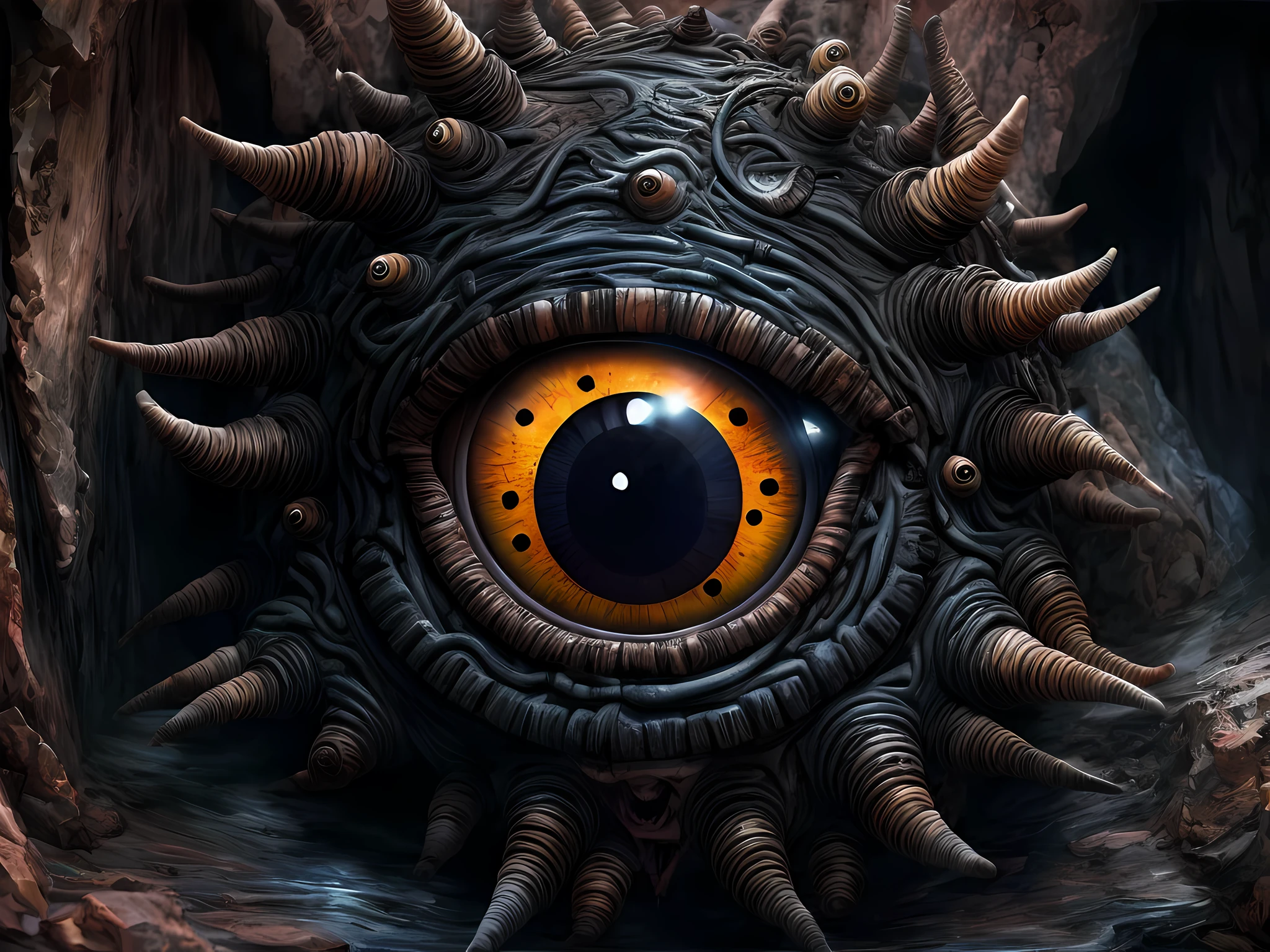 a picture of a dark beholder in a dark cave (best details, Masterpiece, best quality :1.5), an epic evil beholder (best details, Masterpiece, best quality :1.5) extremely detailed beholder, 7 different eyes in 6 different tendrils, dynamic eyes colors (best details, Masterpiece, best quality :1.5) , one central big yellow eye, detailed face, torch light (best details, Masterpiece, best quality :1.5), sense of dread, sense of awe majestic atmosphere, ultra best realistic, best details, best quality, 16k, [ultra detailed], masterpiece, best quality, (extremely detailed), ultra wide shot, photorealism, depth of field, hyper realistic painting,