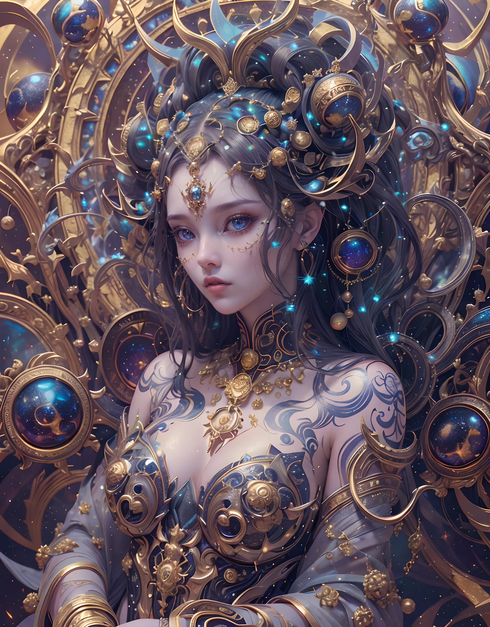 (best qualtiy,ultra - detailed,Most Best Illustration,Best shadow,tmasterpiece,A high resolution,professionalartwork,famousartwork),Photography composition masterpiece, Detailed eyes,beautidful eyes,closeup cleavage, sci-fy,colored sclera,Robot eyes,strong face markings,Tattooed with,(fractalized,Fractal eyes),(Eye focus),sface focus,Nebula eyes,Space eyes,Close-up of metal sculpture of a woman with a moon in her hair,goddes。extremly high detail,3d goddess portrait,Extremely detailed footage of the goddess,a stunning portrait of a goddess,Side image of the goddess,portrait of a beautiful goddess,Full body close-up portrait of the goddess,hecate goddess,portrait of a norse moon goddess,goddess of space and time, asian skin, skin detail masterpiece, realistic skin, oil shiny masterpiece, seaart 2.1, trending seaart moon goddess, midjurney, particle, warm dark blue, Gold Star Glow, ultra detail texture tmasterpiece, most exellent contrast, gold reflection, ultra detail gold texture, ray of light, sparkle light reflection, natural color, netral color, Sparkle Eyes, Glow Eyes