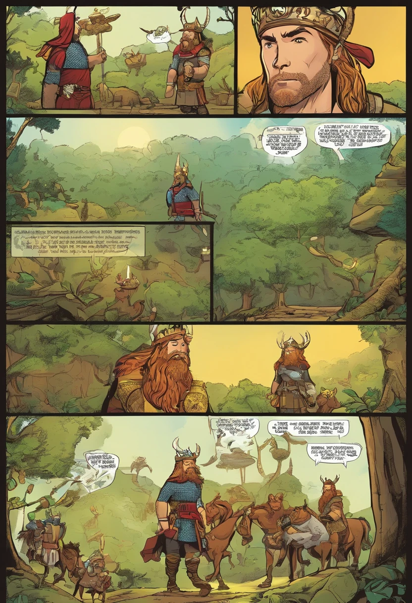 Quadrinhos americanos, The comic is presented in several irregular panels with colors. Um cachorro humanoide com roupas de viking andando por uma floresta escura, de frente com ele um ogro muito maior que seu tamanho