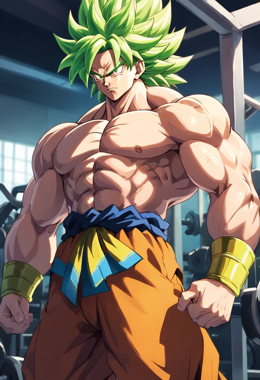 Broly Super Saiyajin, masculino, Dragon ball z, Working out hard in a bodybuilding gym, defined and detailed muscles, expression serious