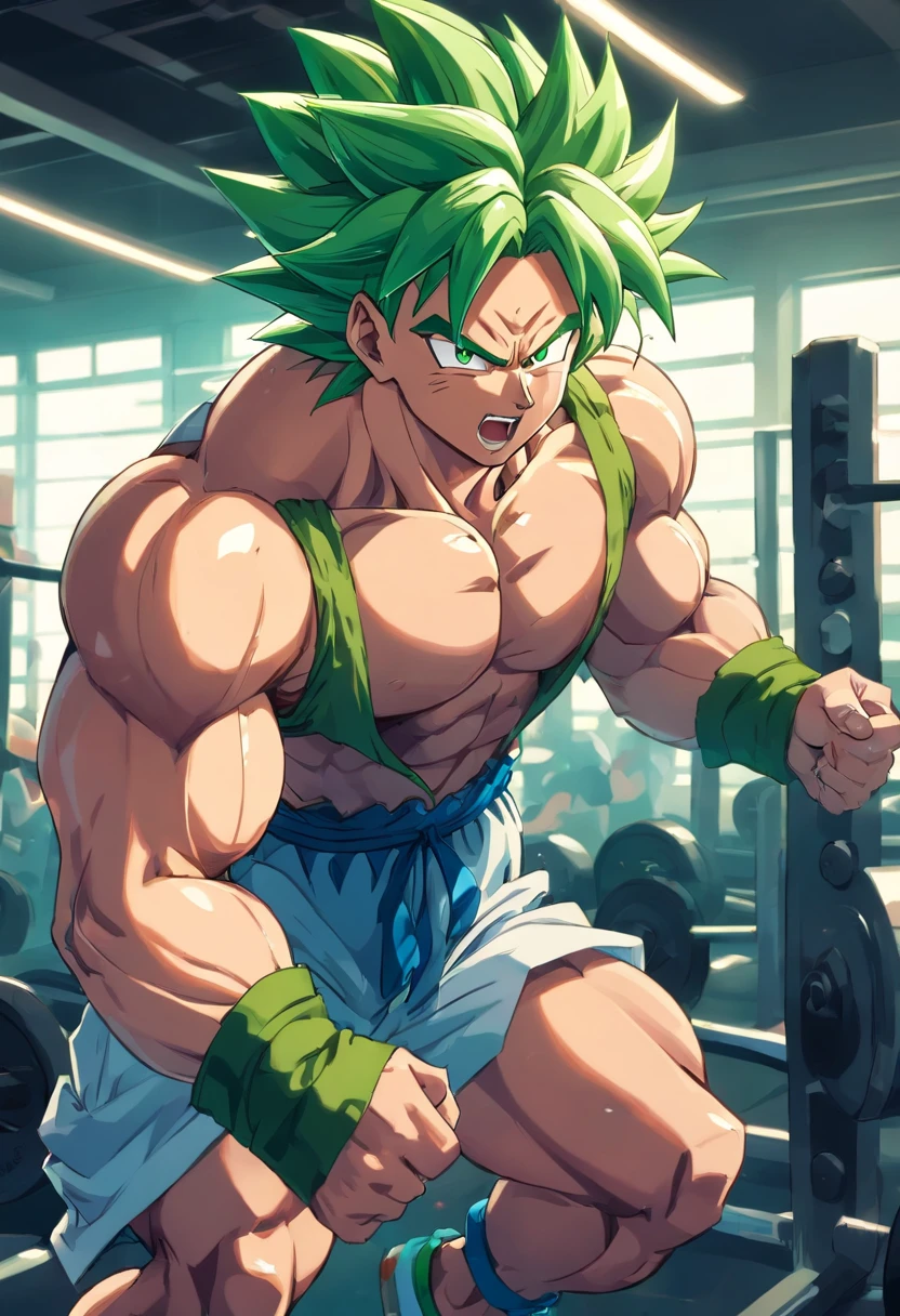 Broly Super Saiyajin, masculino, Dragon ball z, Working out hard in a bodybuilding gym, defined and detailed muscles, expression serious