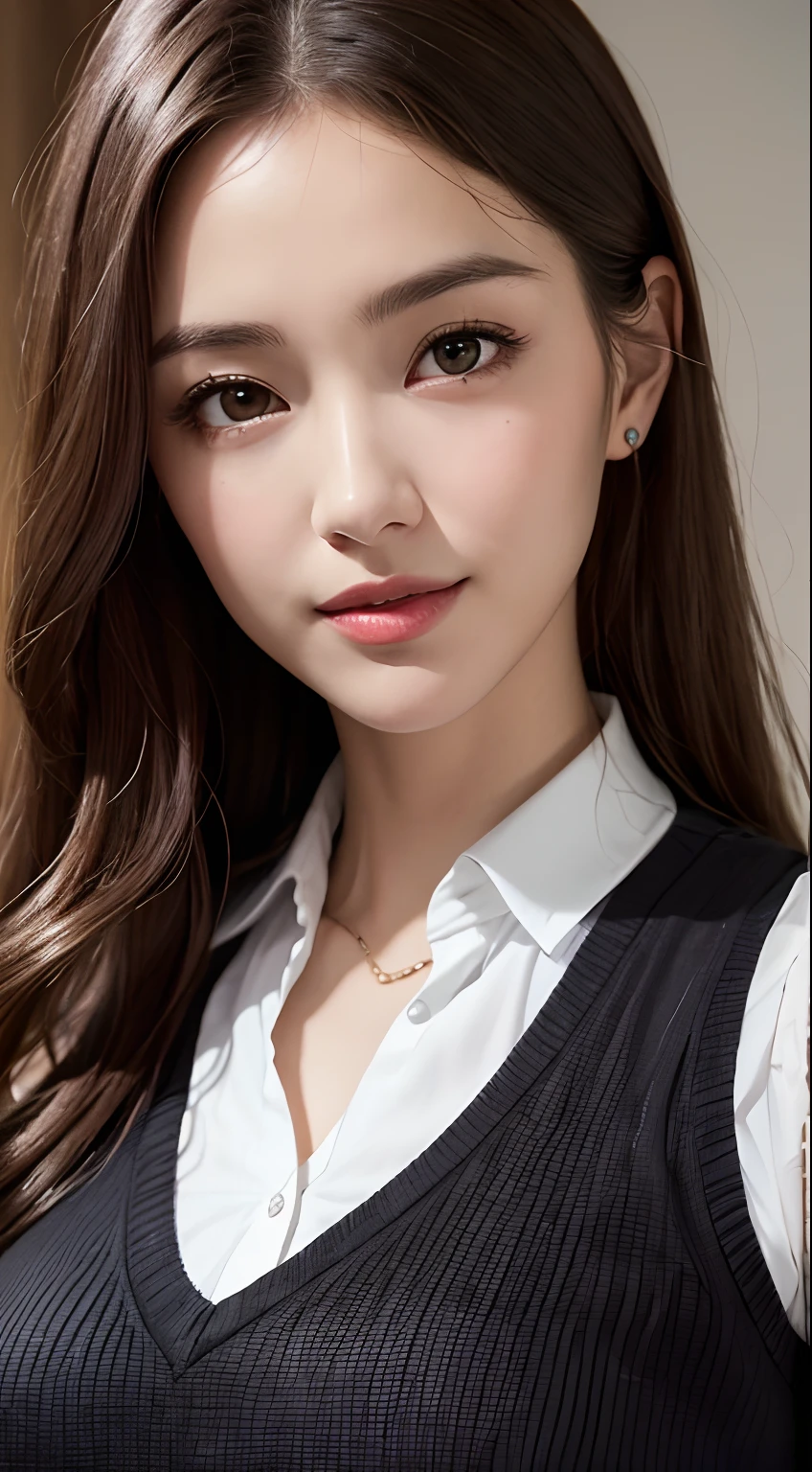 Strong realism,(best qualtiy,4K,tmasterpiece:1.3),Pretty women,1girl in,Raised sexy:1.1,dark brown hair:1.1,White vest,Super Detailed Face,Detailed lips,A detailed eye,二重まぶた、Black big eyes、a smile
