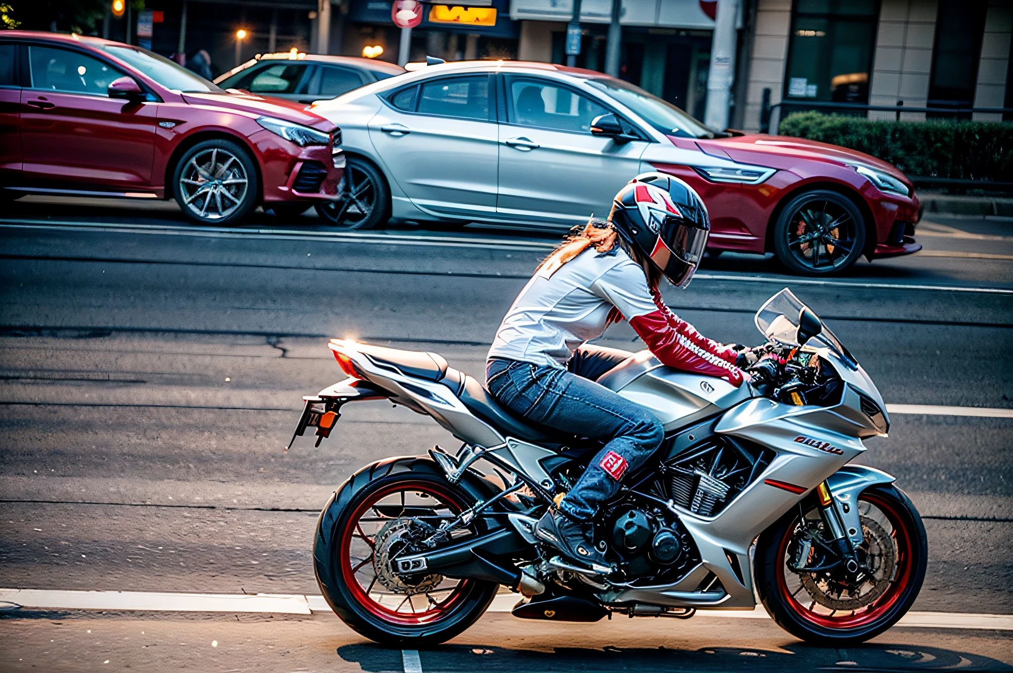 (Best Quality), Masterpiece, Ultra-high-resolution photos,1 Cute Girl, Big motorcycle ride, a white T-shirt, Ripped jeans, White sneakers, Motorcycles driving through the city at high speed (Speeding), (slow motion: 1.3), (motion blur: 1.3), (Speed Line: 1.4), sense of speed,