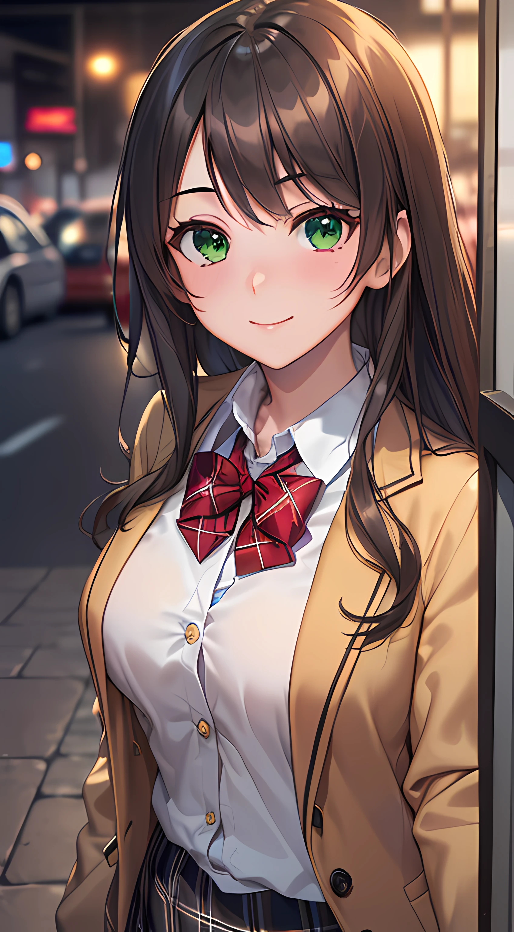 ((masterpiece, best quality, highres, UHD, perfect pixel, depth of field, 4k, RTX, HDR))), 1girl, single, solo, beautiful anime girl, beautiful artstyle, anime character, ((long hair, bangs, brown hair)), ((green eyes:1.4, rounded eyes, beautiful eyelashes, realistic eyes)), ((detailed face, blushing:1.2)), ((smooth texture:0.75, realistic texture:0.65, photorealistic:1.1, anime CG style)), medium breasts, dynamic angle, perfect body, ((portrait, pov)), ((red bowtie, school uniform, black jacket, open jacket, brown cardigan, white shirt, black skirt, plaid skirt)), smile, ((hand touches cheek)), amusement park