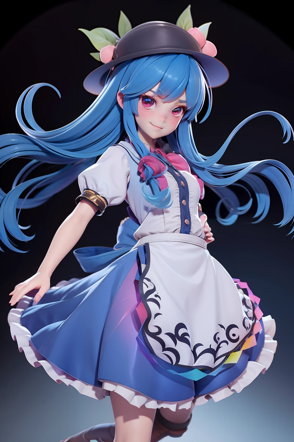 1girl, fullbody, best quality, expressive eyes, perfect face, 1girl, hands on waist,anime,girl, touhou project,hinanawi tenshi, blue hair, blue haired, floating clothes,waist grab, grabbing waist, mains sur les hanches, hands on hips,flat chest, long skirt, 3d rendering, zbrush, blender render