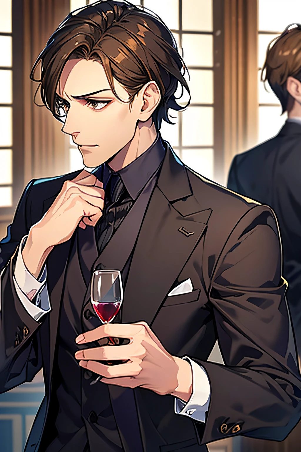 Brown_hair, back_hair, 1adult_man, really_brown_eyes, beautiful_and_detailed_eyes, serious_look, penetrating_look, serious_expression, dress, black_suit, looking_at_the_spectator, holding_a_glass_with_wine, beautiful_hands, detailed_hands, better_quality, HD_quality