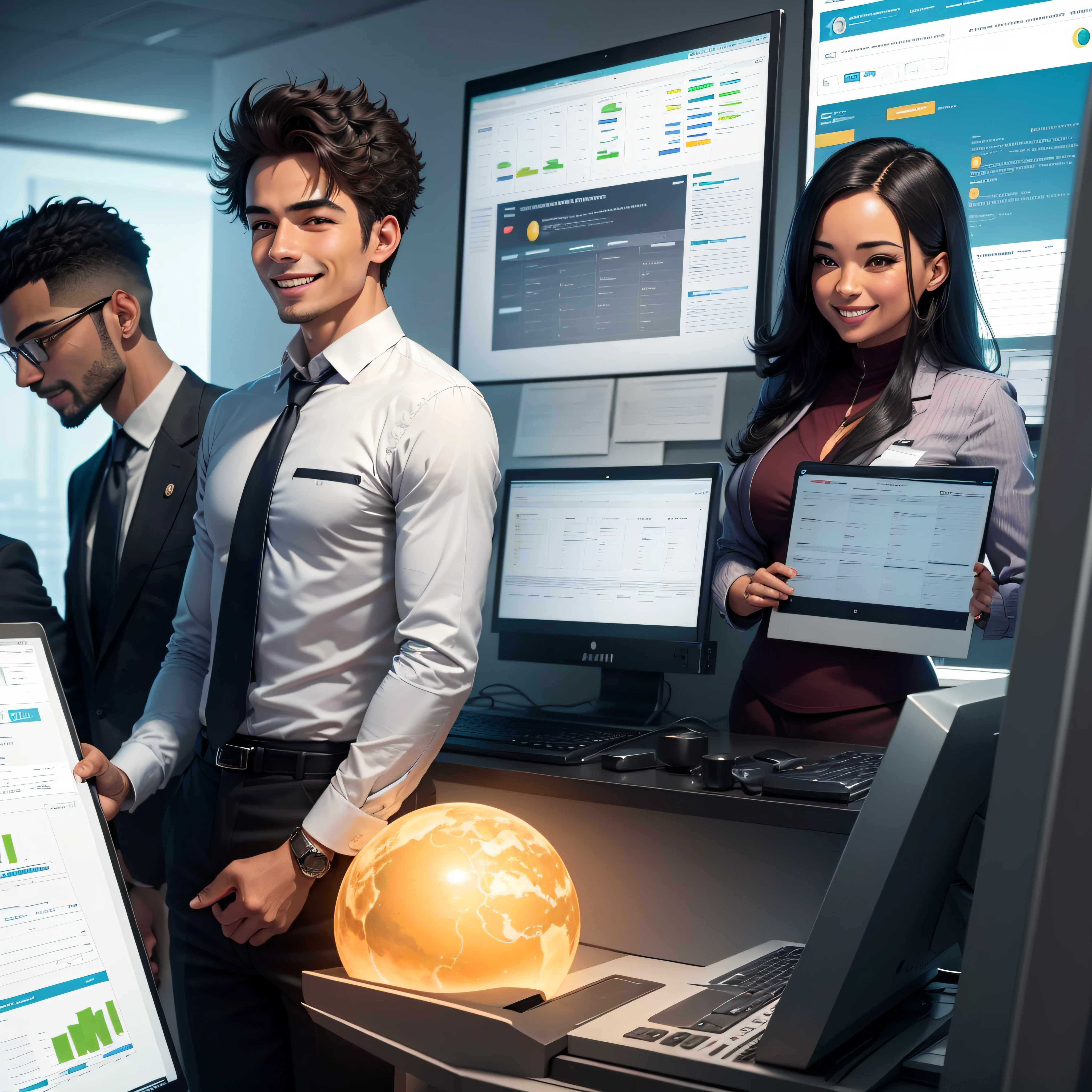 "Describe the image of a successful business owner in your office, sorrindo amplamente enquanto olha para a tela do computador, surrounded by a motivated team and a wall full of growth charts. Convey the sense of accomplishment and satisfaction he feels in relation to his well-executed work."