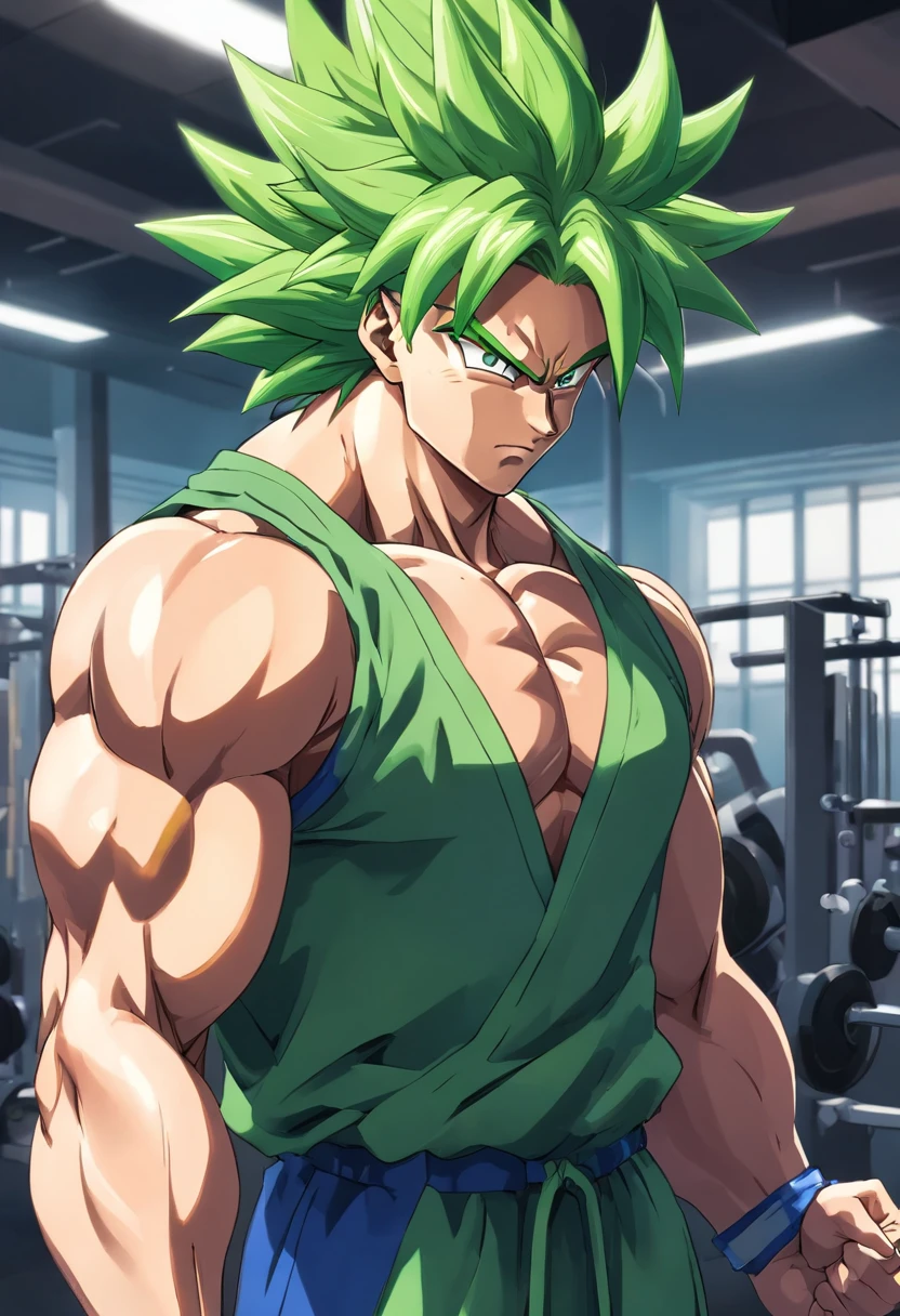 Broly Super Saiyajin, masculino, Dragon ball z, Working out hard in a bodybuilding gym, defined and detailed muscles, expression serious