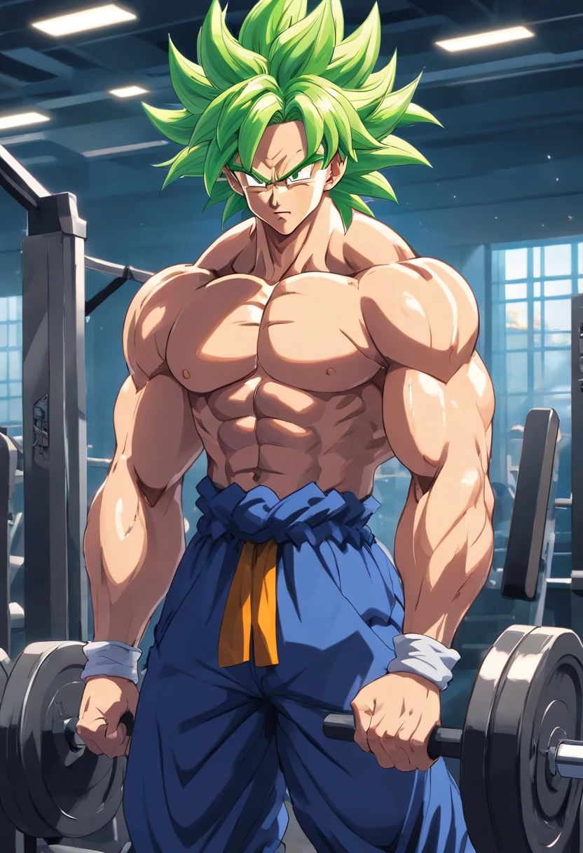 (Eine detaillierte Zeichnung von broly , Bodybuilding-Fitnessstudio.), With bare upper body, Tearing clothes, the strongest of all, huge muscular body, big Bizeps, large shoulders, Muskelbeine,Abs, barefoot, Kampfkunst, Full body image, Bodybuilding Pose, muskelbeine, Bizeps flex, Full body image, barefoot