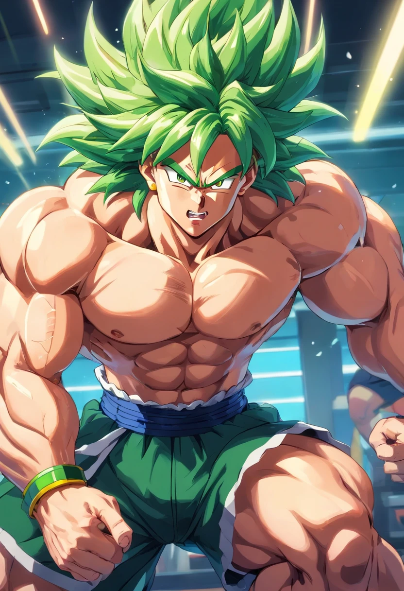 Broly Super Saiyajin, masculino, Dragon ball z, Working out hard in a bodybuilding gym, defined and detailed muscles, expression serious