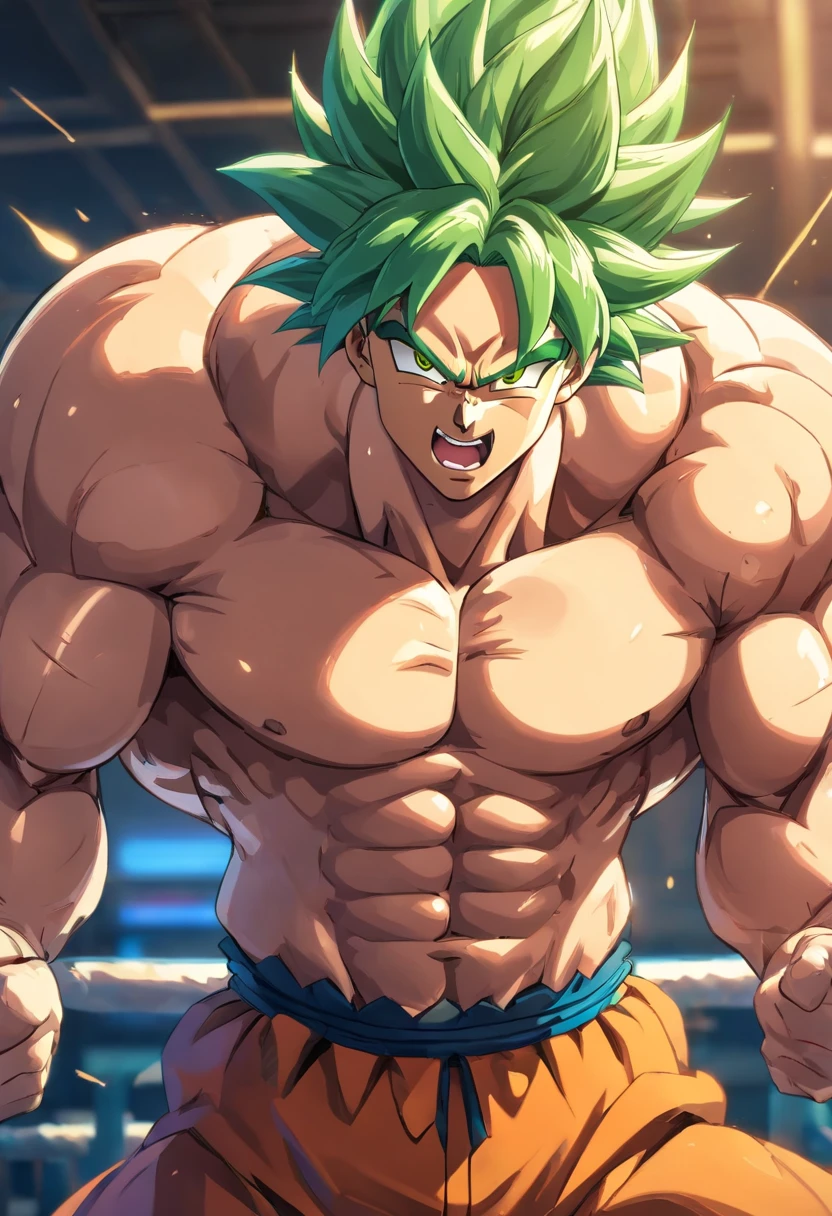Broly Super Saiyajin, masculino, Dragon ball z, Working out hard in a bodybuilding gym, defined and detailed muscles, expression serious