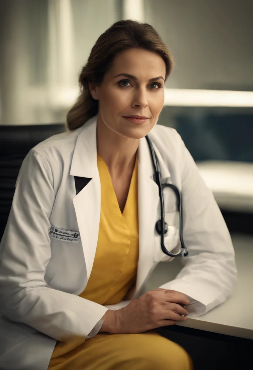 Portrait of a Woman Doctor, medical, attractif, professionnel, experienced, clinique, 35 ans, sitting at a desk, Regard inquiet sur le visage, gentil, affectueux, avec une robe jaune