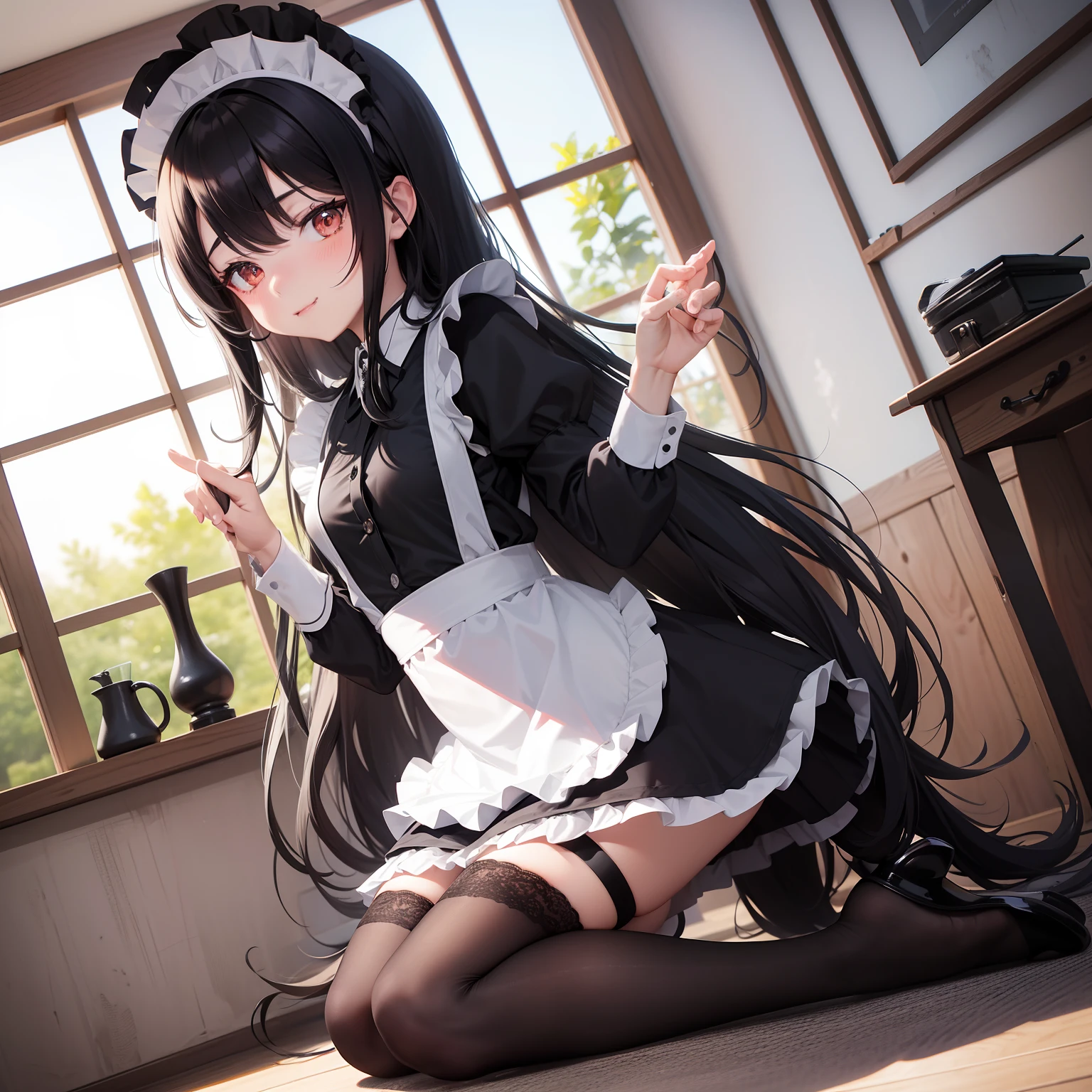 Black longhair , wearing a maid outfit, Kneeling, Legs and five fingers, More meat, Cute 2D, backgroundbacklitHD ,top-quality,Beautiful Beautiful Girl,超A high resolution,