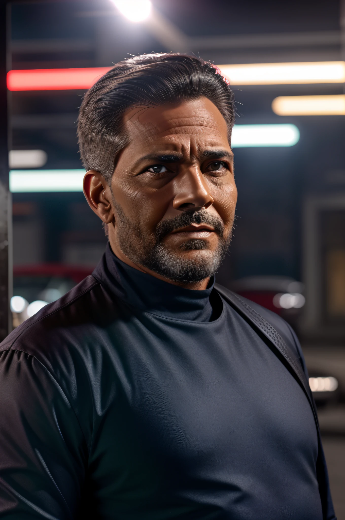 Homem, 50 anos, corpo inteiro, barba, penteado lateral, standing in front of a car, dynamic lights, alto detalhe, Dramatic, intrincado, 8k