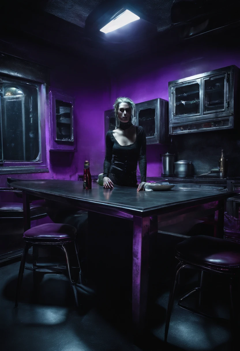 Post-apocalypse, uturistic, bright neon clours, best quality, high resolution, alien , giger, viscera, post, peeled flesh, guro, broken creature, deadman, a dangerous looking sprinkled girl bright neon blood on top of a table with a alien head, high contrast, sharp purple neon, in the style of giger in the hole, deep contrast, hyperrealism, hyper realistic color photo, realistic photography, ultra realistic, biomechinical, biomachines, ((hnsrdlf style)), detailed reflections, dark atmosphere, gothic art, futuristic, realistic blood, realistic reflections, RTX graphic, HDR, ultra detailed, real blood