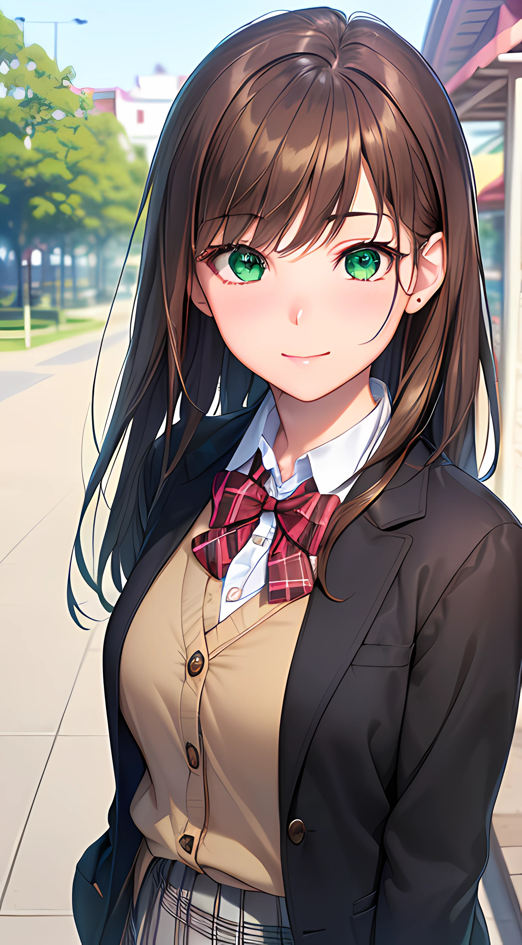 ((masterpiece, best quality, highres, UHD, perfect pixel, depth of field, 4k, RTX, HDR))), 1girl, single, solo, beautiful anime girl, beautiful artstyle, anime character, ((long hair, bangs, brown hair)), ((green eyes:1.4, rounded eyes, beautiful eyelashes, realistic eyes)), ((detailed face, blushing:1.2)), ((smooth texture:0.75, realistic texture:0.65, photorealistic:1.1, anime CG style)), medium breasts, dynamic angle, perfect body, ((portrait, pov)), ((red bowtie, school uniform, black jacket, open jacket, brown cardigan, white shirt, black skirt, plaid skirt)), smile, amusement park