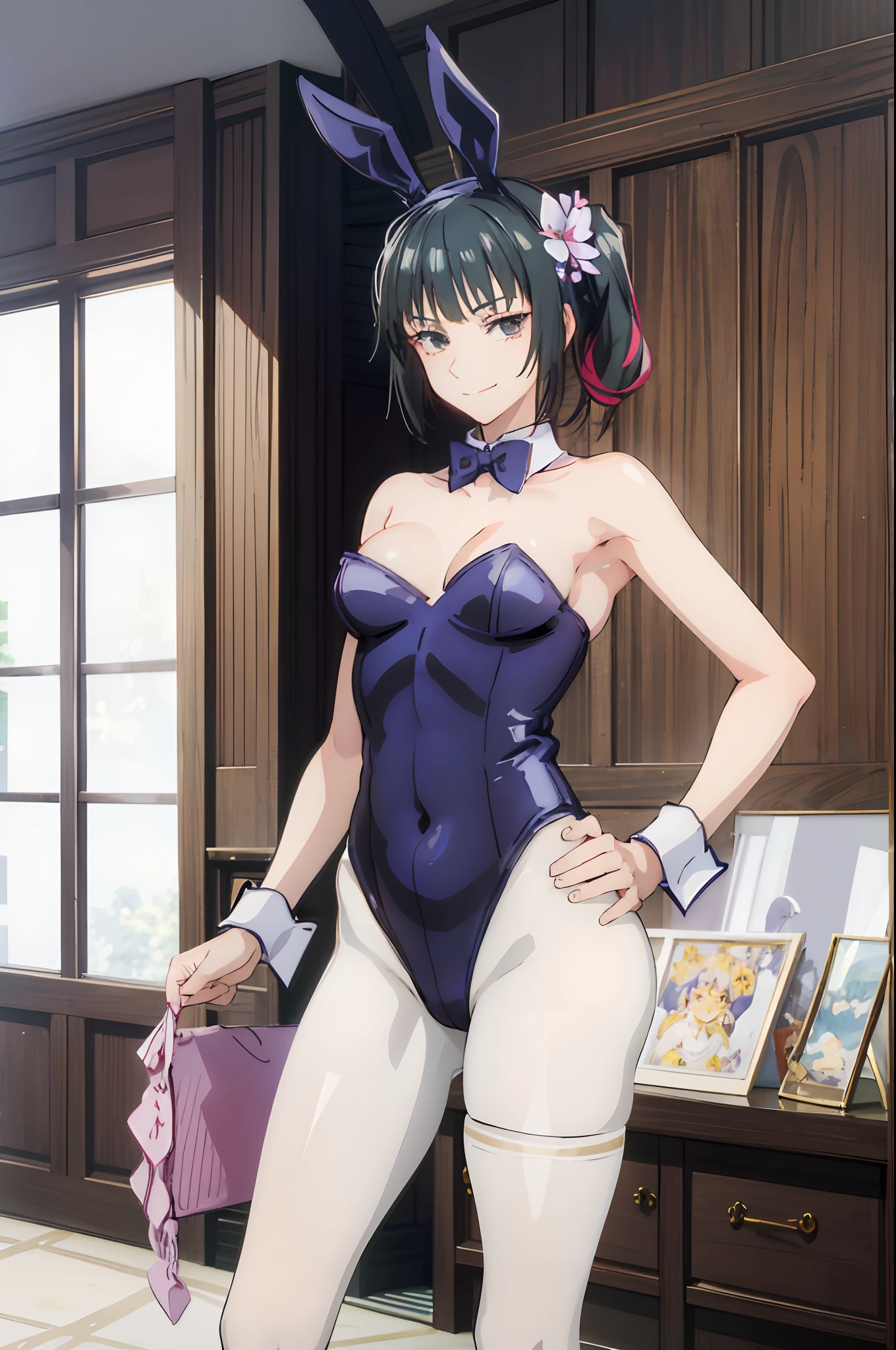 masterpiece, best quality, absurdres, perfect anatomy, 1girl, solo, Shura, hair ornament, hair flower, wrist cuffs, playboy bunny, leotard, pantyhose, fake bunny ears, contrapposto, smile, hands on hips, cowboy shot, indoors, bedroom,