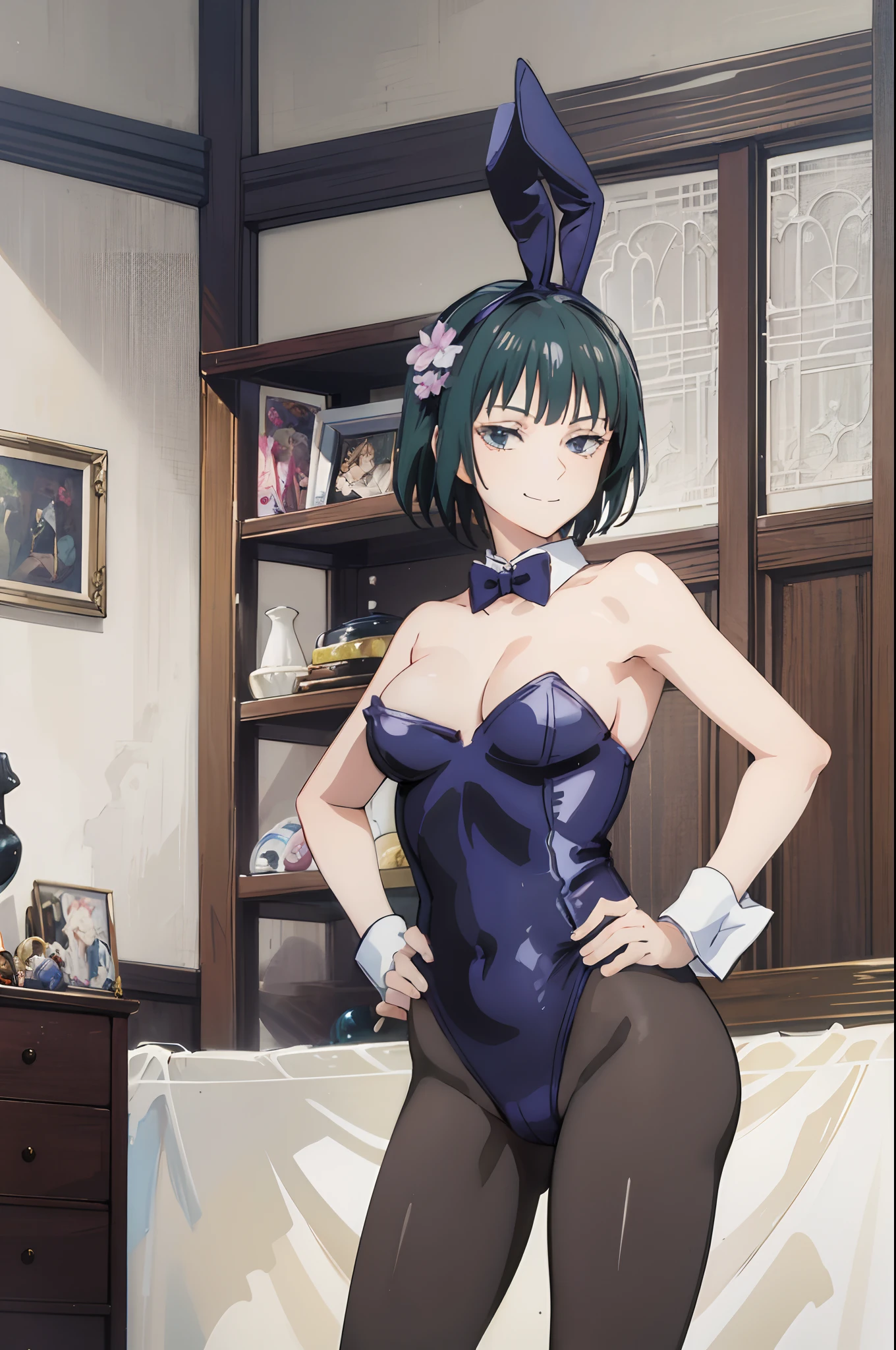 masterpiece, best quality, absurdres, perfect anatomy, 1girl, solo, Shura, hair ornament, hair flower, wrist cuffs, playboy bunny, leotard, pantyhose, fake bunny ears, contrapposto, smile, hands on hips, cowboy shot, indoors, bedroom,