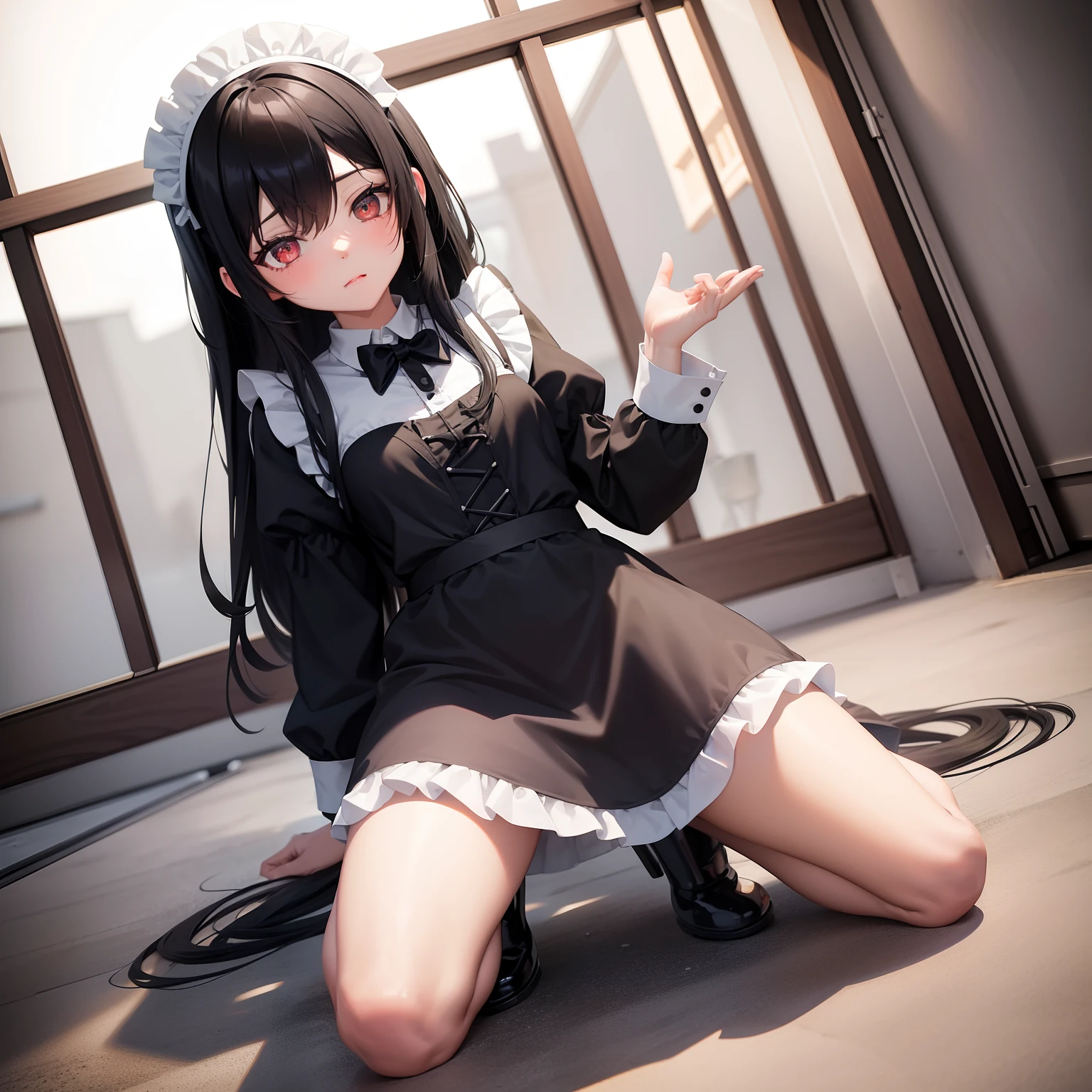 Maid, panties exposed, ultra miniskirt, NSFW, Crying expression,  Kneeling position, Cum coming out of my pussy, Love juice coming out of pussy 