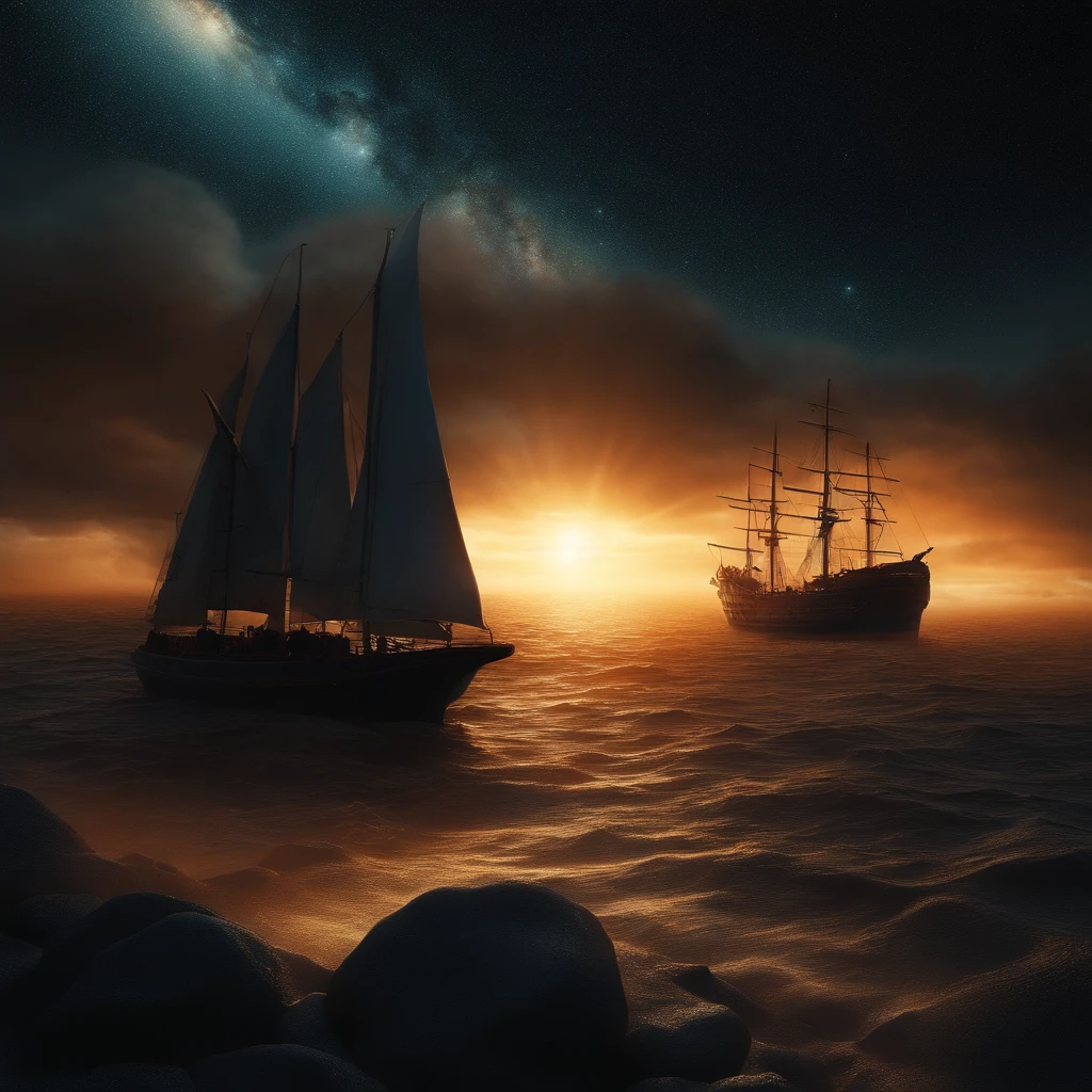 ((best quality)), ((master part)), (dramatic scene), A Terra e o Sol colapsam em buracos negros como o Sol, (Enlightenment of the last days:1.3), O sol escurece quando ejetado, (Epic composition:1.2), Terra banhada em luz vermelha, (cg animation:1.1), Flames and debris are inhaled, (Emergency atmosphere:1.2), Pessoas fugindo de barco, (atmosfera de filme:1.3), Nebulae and galaxies in the background, (alto contraste:1.1), (8K resolution:1.0),Five verses