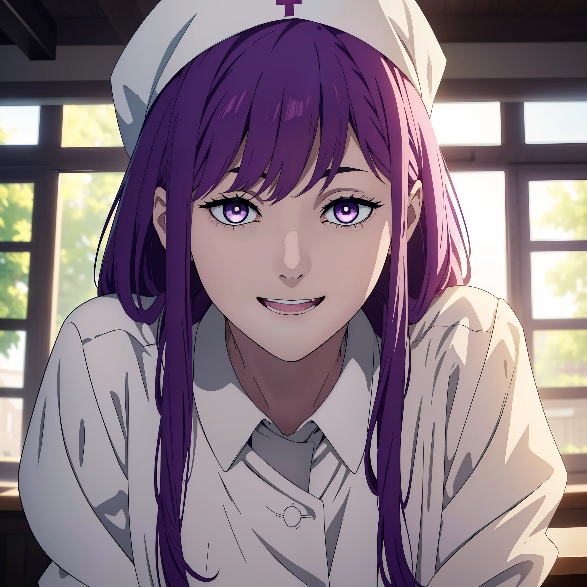 one-girl, nurses, (There is a five-pointed star in the eye), Gorgeous Hair in Long Purple, Smile, open mouth, room, White nurse clothes, White nurse hat, looking at viewer, ((masterpiece)), ((best quality)), ((high detailed illustration)), ((high detailed background)), ((hi-res)), ((4k resolution))