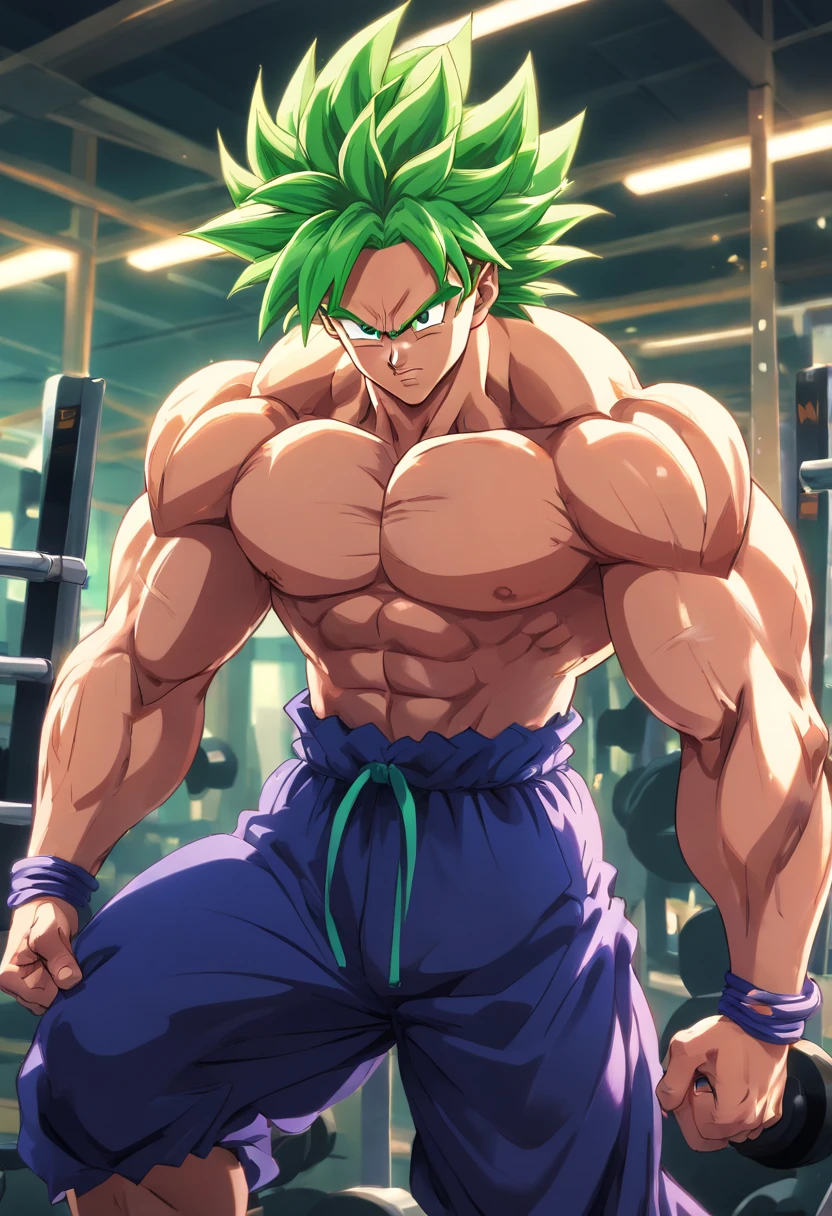 Broly Super Saiyajin, masculino, Dragon ball z, Working out hard in a bodybuilding gym, Triceps exercises, focus on triceps, defined and detailed muscles, expression serious