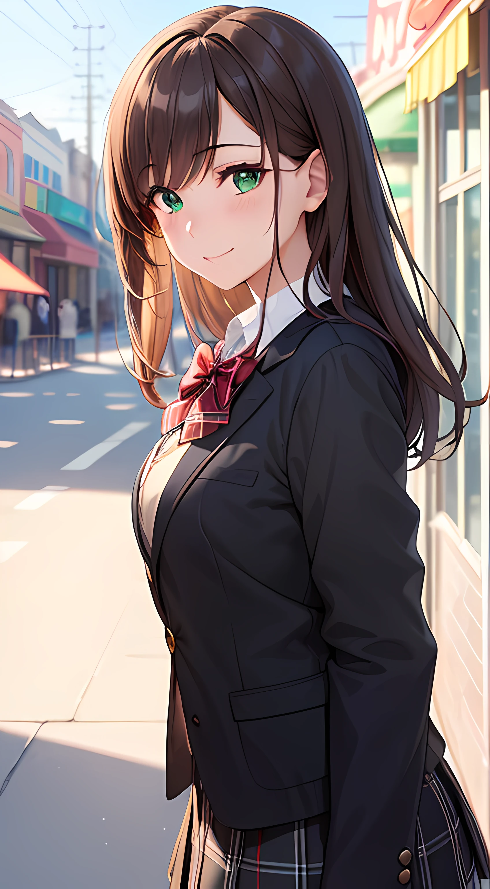 ((masterpiece, best quality, highres, UHD, perfect pixel, depth of field, 4k, RTX, HDR))), 1girl, single, solo, beautiful anime girl, beautiful artstyle, anime character, ((long hair, bangs, brown hair, curly hair:0.8)), ((green eyes:1.4, rounded eyes, beautiful eyelashes, realistic eyes)), ((detailed face, blushing:1.2)), ((smooth texture:0.75, realistic texture:0.65, photorealistic:1.1, anime CG style)), medium breasts, dynamic angle, perfect body, ((portrait, pov)), ((red bowtie, school uniform, black jacket, open jacket, brown cardigan, white shirt, black skirt, plaid skirt)), smile, ((hand touches cheek)), amusement park