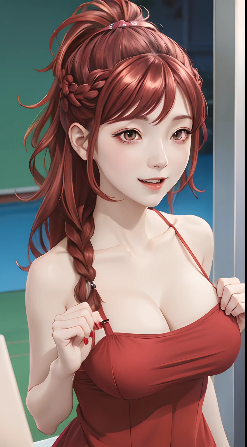 kaede, red eyes, long hair, cleavage, solo, smile, collarbone, upper body, braid, red hair, clenched hands, medium breasts, :d, 1girl, looking at viewer, closed mouth, underwearhuge breast